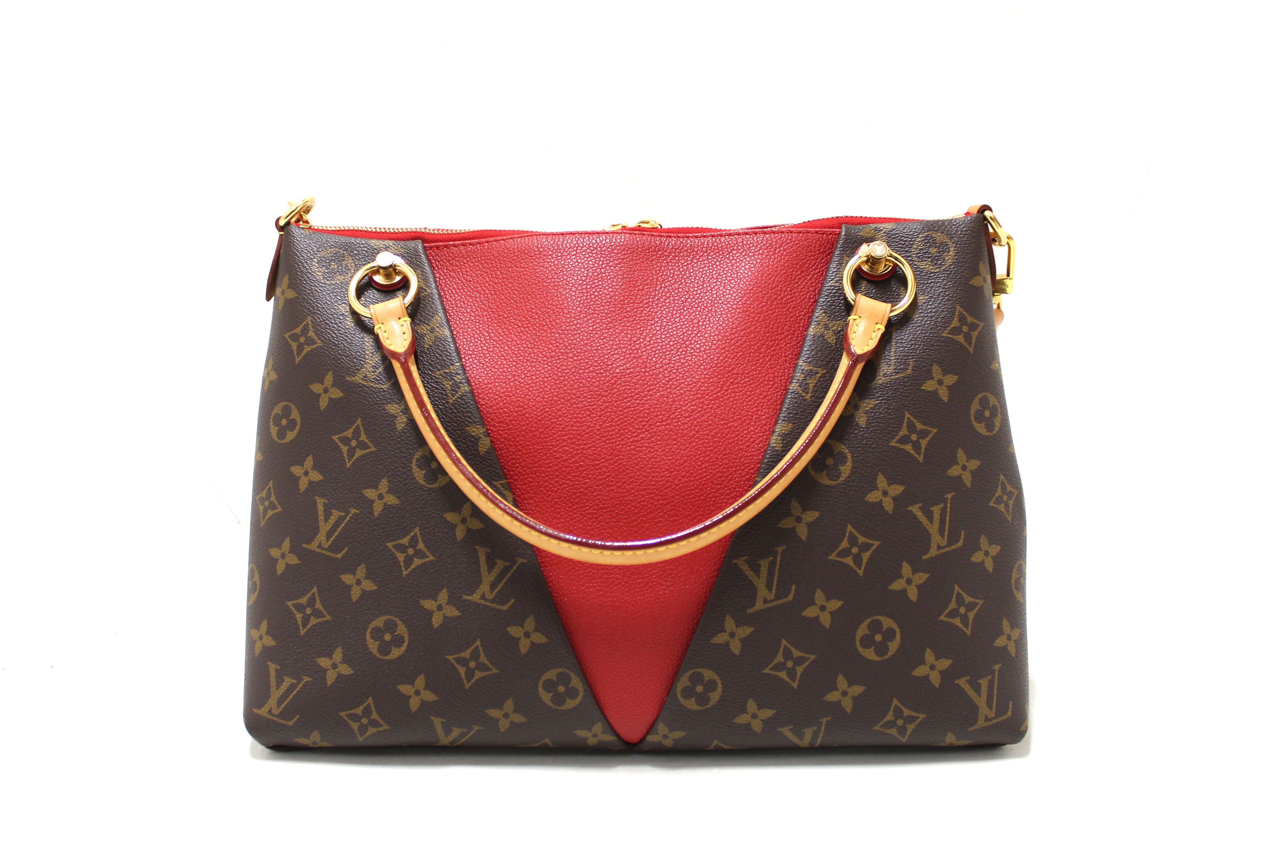 Authentic Louis Vuitton Classic Monogram  Canvas with Red Leather V Tote MM Bag