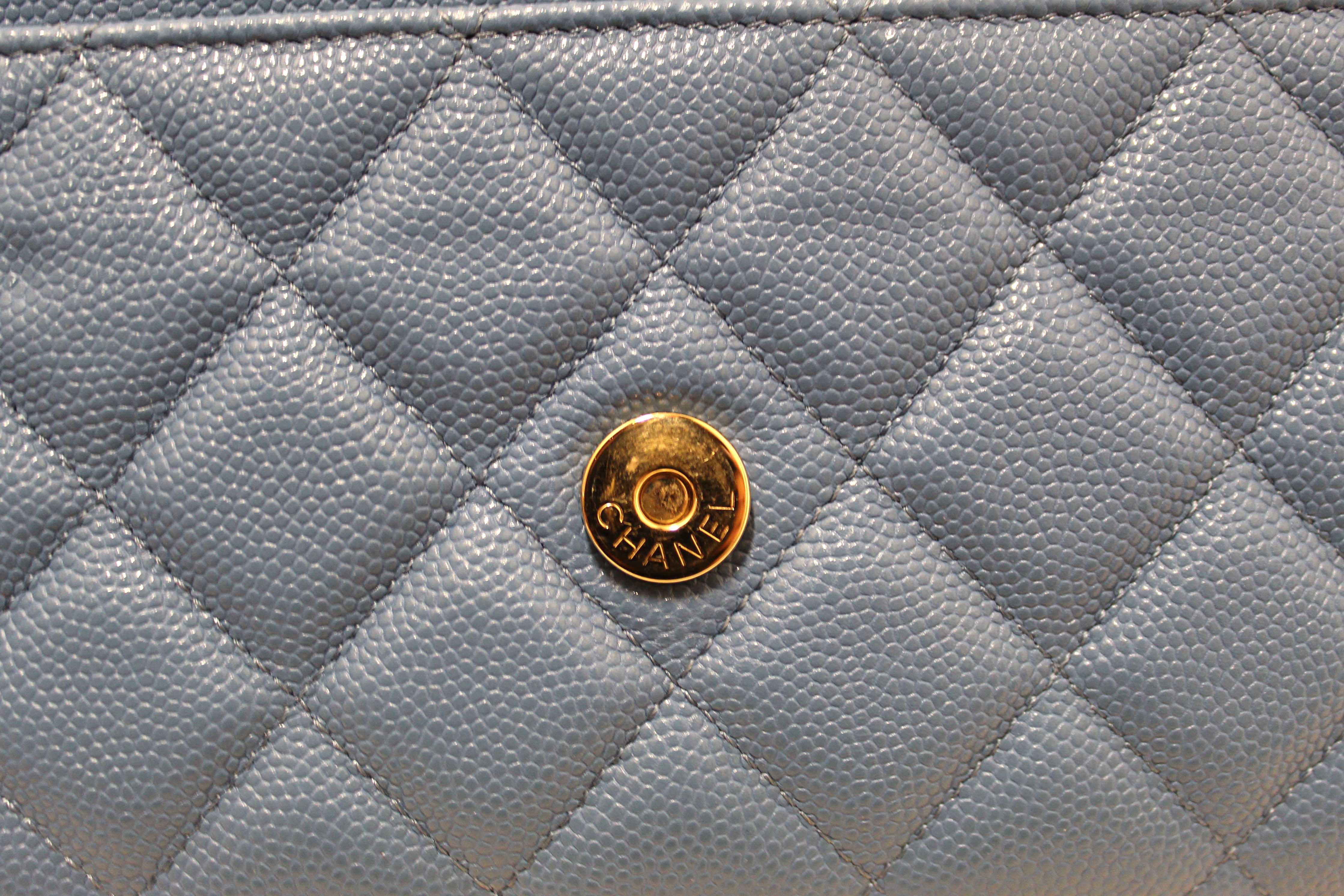 Authentic Chanel Blue Quilted Caviar Leather Wallet On Chain WOC/ Clutch Bag