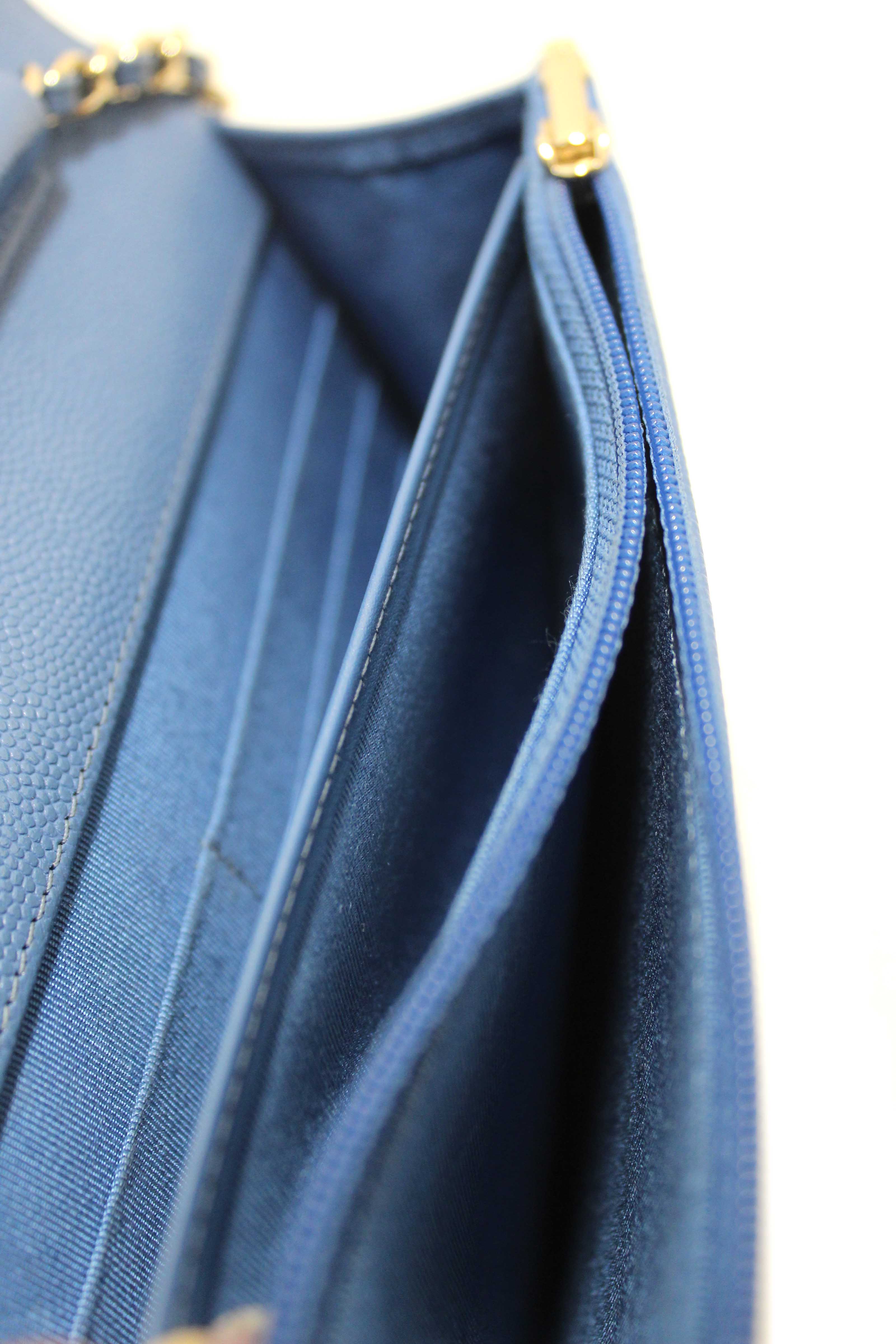 Authentic Chanel Blue Quilted Caviar Leather Wallet On Chain WOC/ Clutch Bag