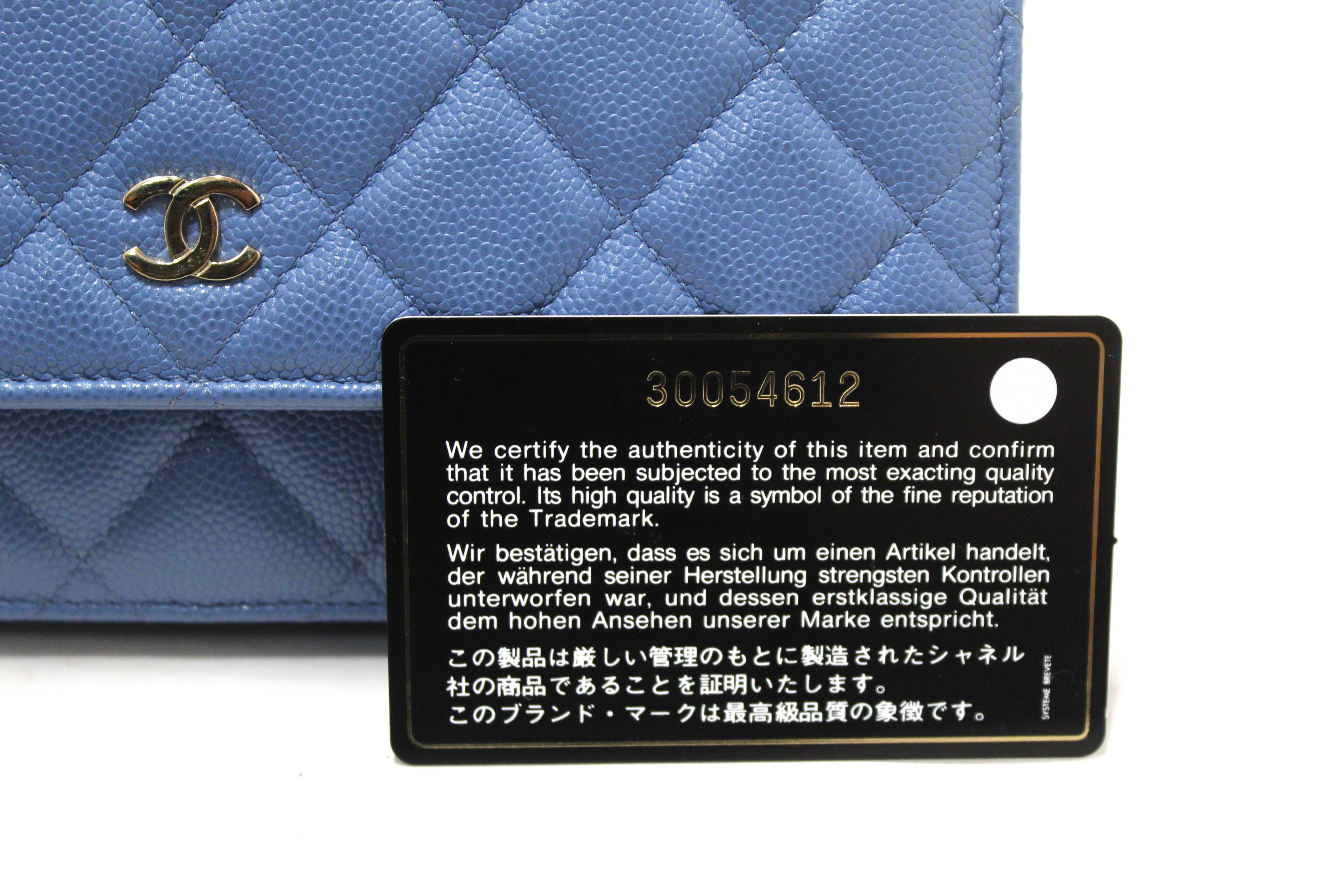 Authentic Chanel Blue Quilted Caviar Leather Wallet On Chain WOC/ Clutch Bag