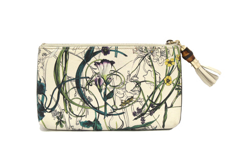 Authentic Gucci White Calfskin Flora Infinity Small Zip Pouch