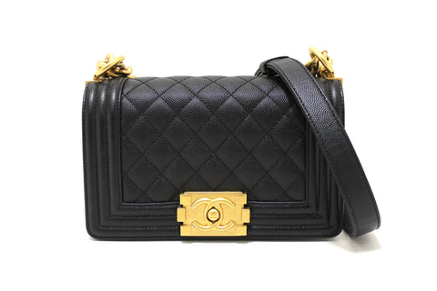 Authentic Chanel Black Quilted Caviar Leather Small Boy Flap Shoulder Bag