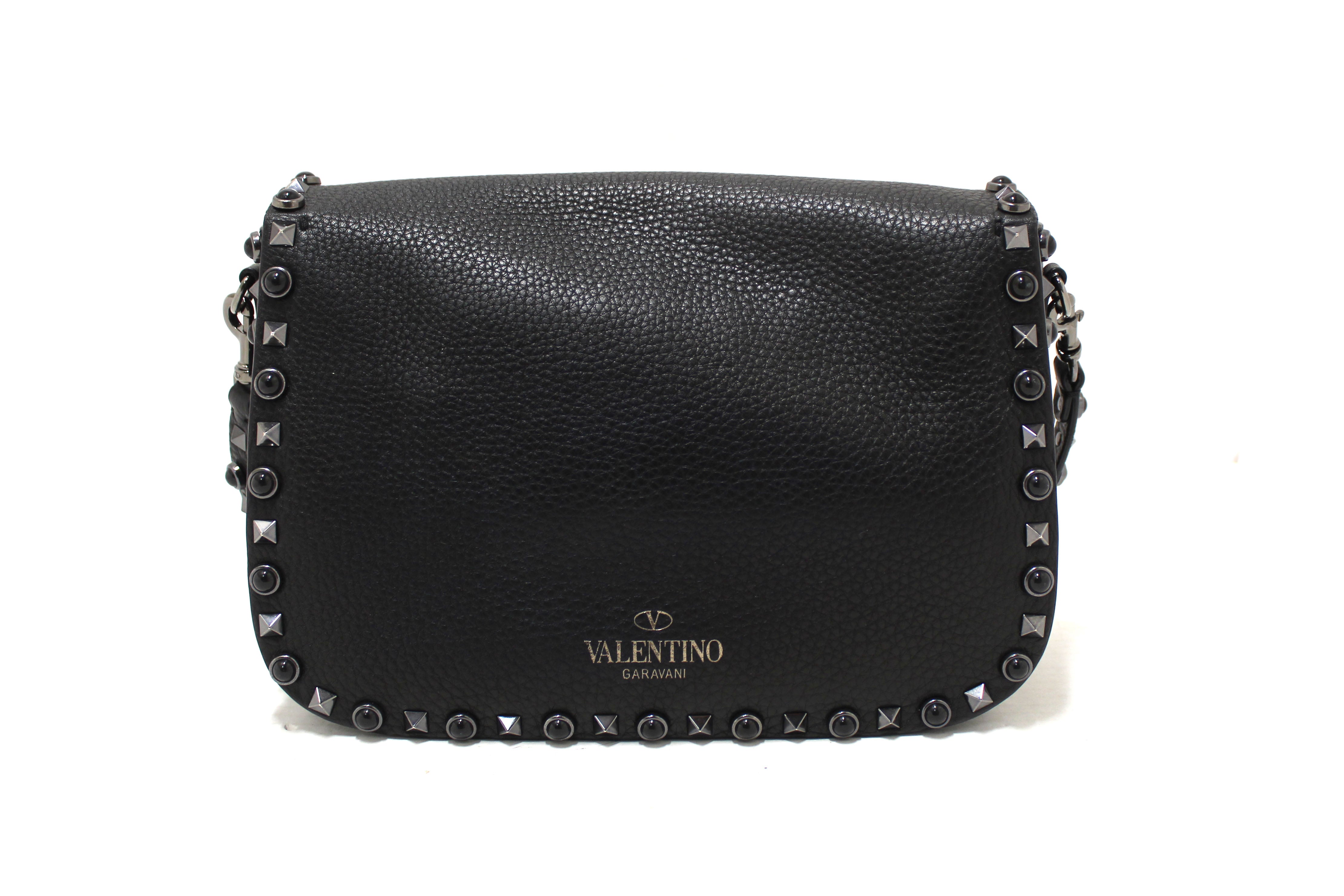 Authentic Valentino Garavani Black Grained Calfskin Rolling Rockstud Flap Crossbody Bag