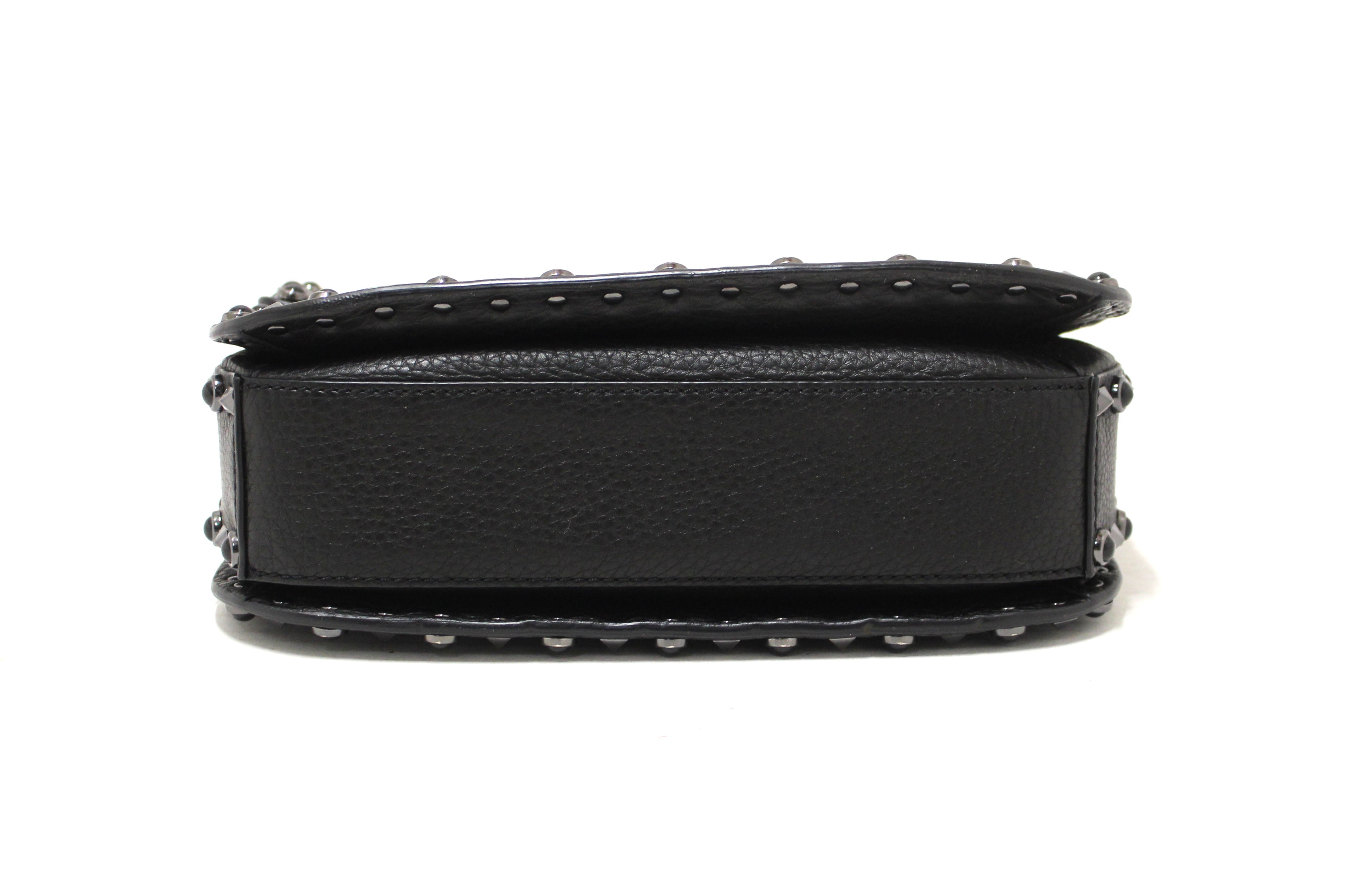 Authentic Valentino Garavani Black Grained Calfskin Rolling Rockstud Flap Crossbody Bag