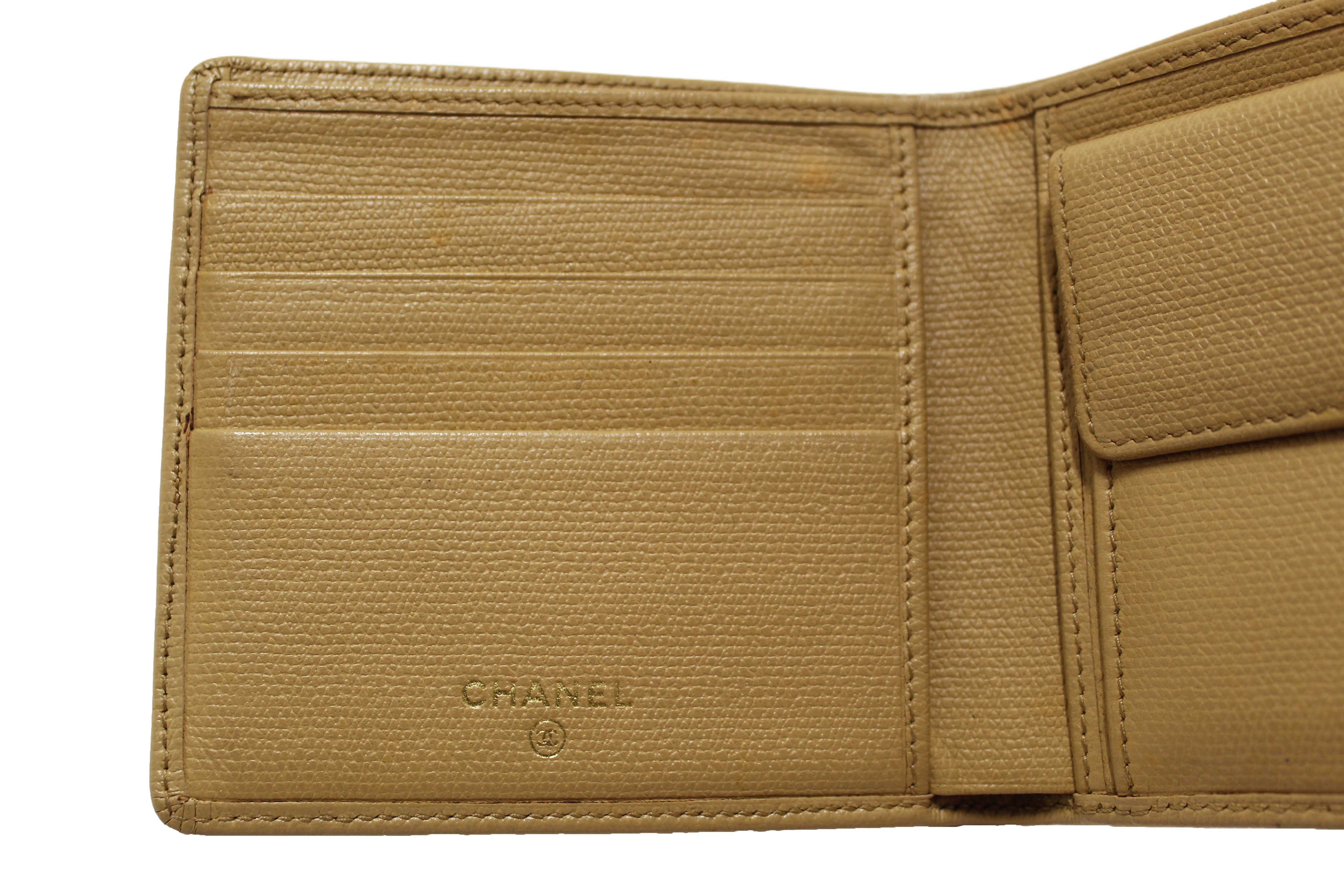 Authentic Chanel Beige Caviar Leather Medium Size Bi-fold Wallet