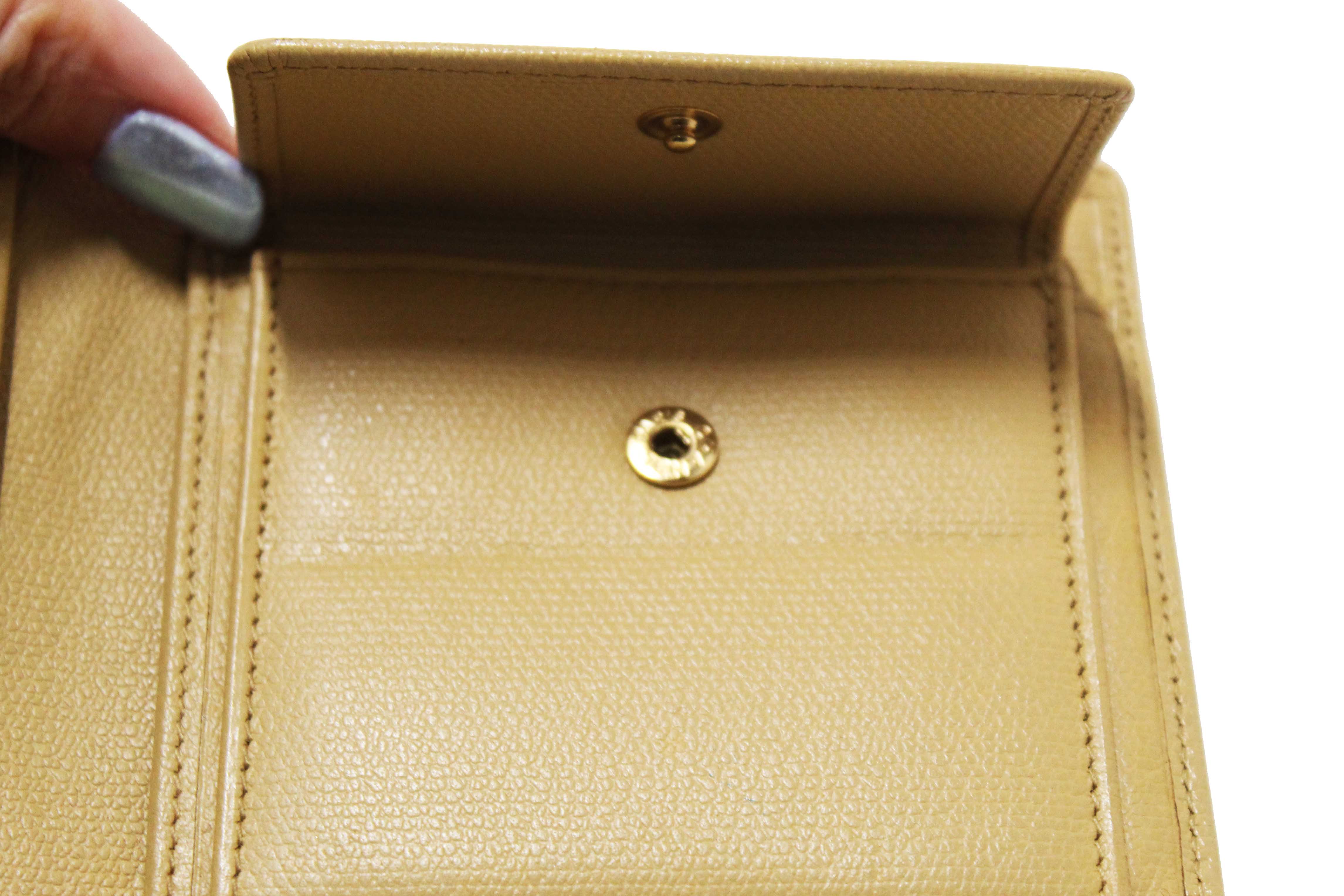 Authentic Chanel Beige Caviar Leather Medium Size Bi-fold Wallet