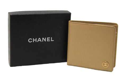 Authentic Chanel Beige Caviar Leather Medium Size Bi-fold Wallet