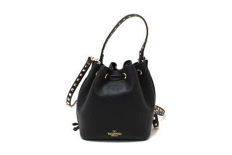 Authentic New Valentino Black Leather Small Rockstud Bucket Messenger Bag