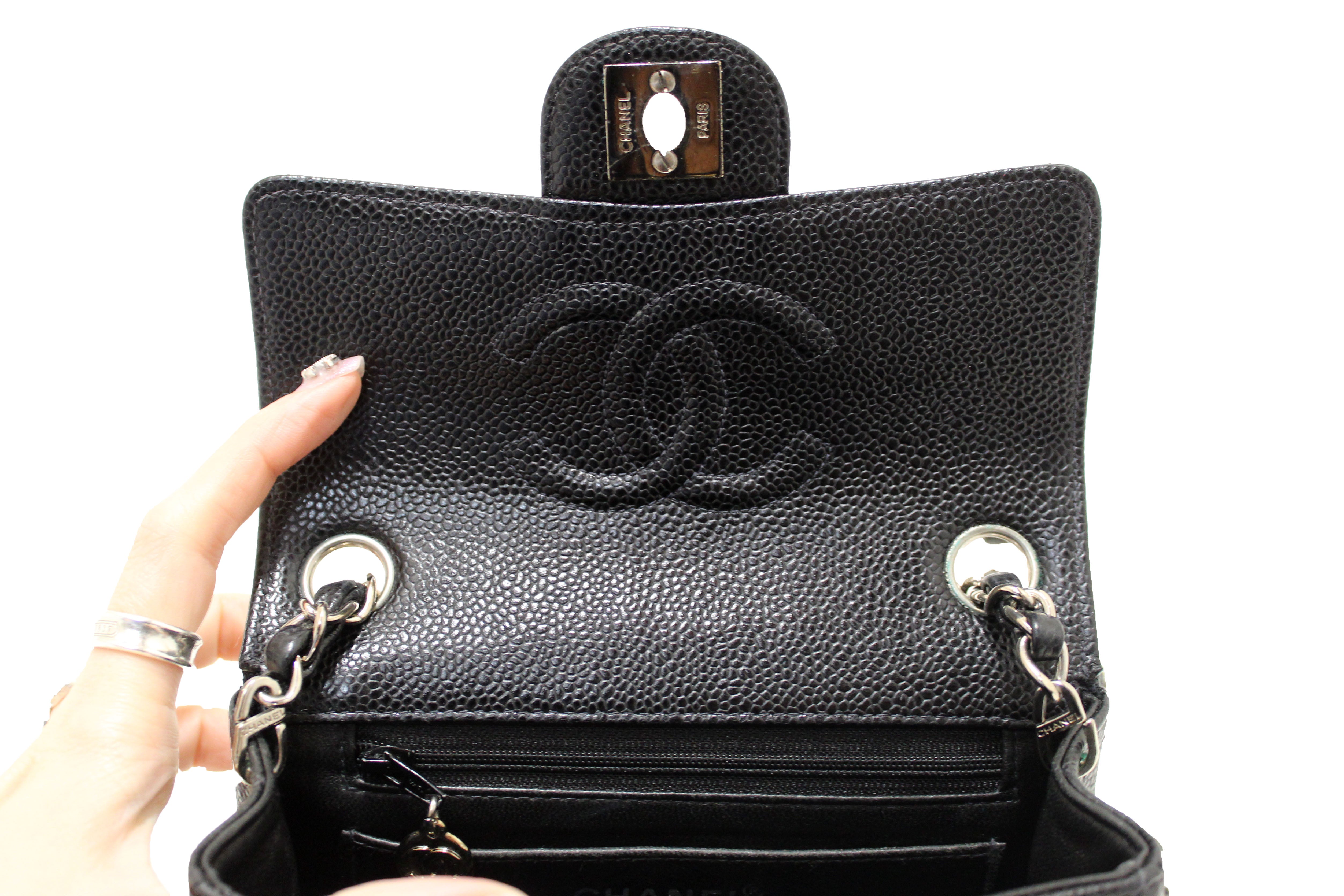 Authentic Chanel Black Quilted Caviar Leather Square Mini Classic Flap Bag