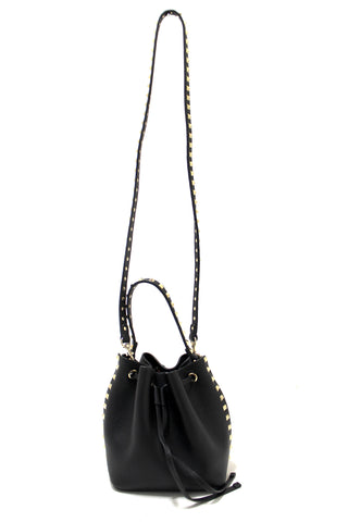 Authentic New Valentino Black Leather Small Rockstud Bucket Messenger Bag