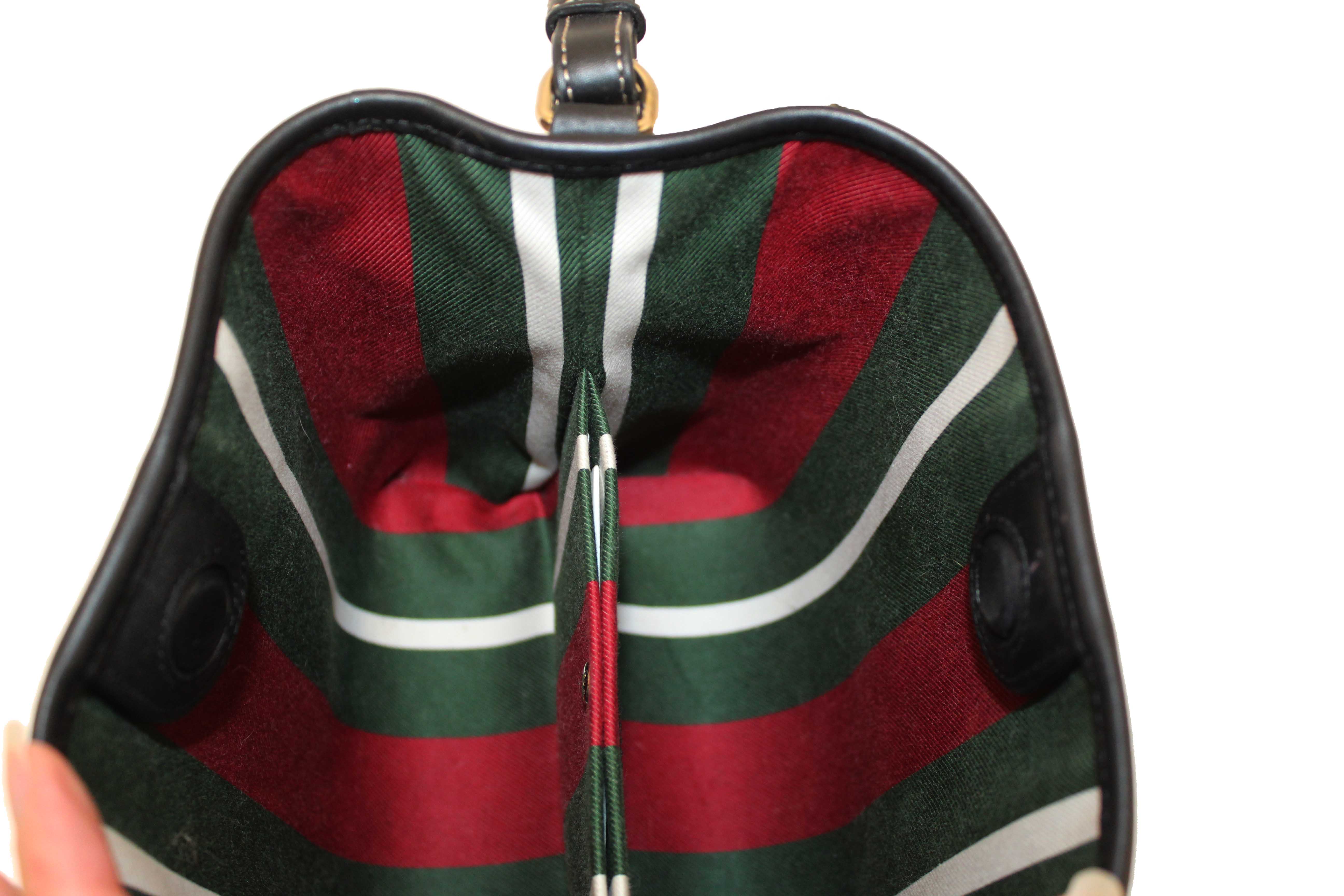 Authentic Gucci GG Supreme Monogram with Black Leather Emblem Mini Bucket Bag 815118
