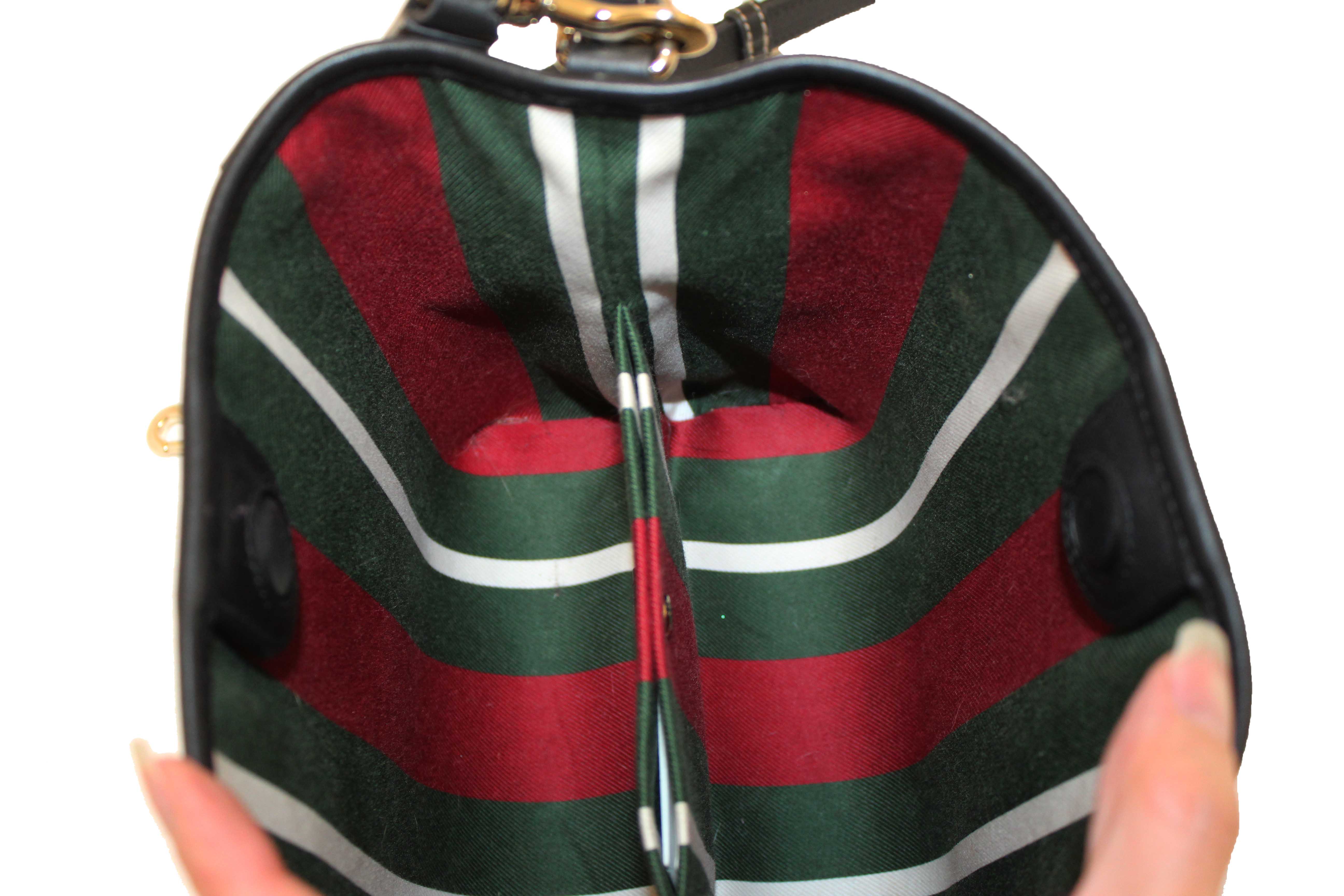 Authentic Gucci GG Supreme Monogram with Black Leather Emblem Mini Bucket Bag 815118
