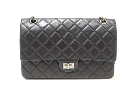 Authentic Chanel Classic Black Aged Calfskin Leather Medium Reissue 2.55 266 Double Flap Bag