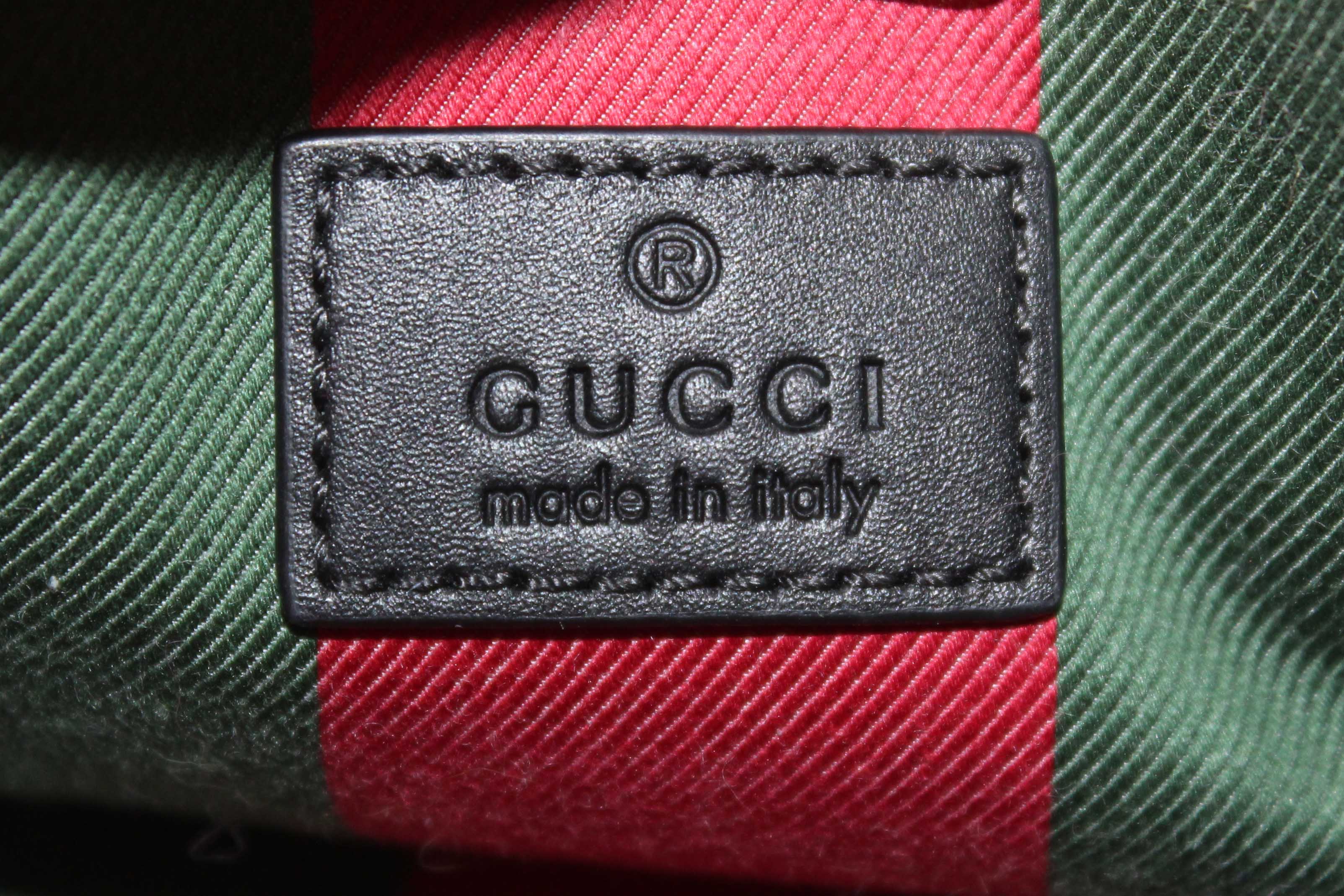 Authentic Gucci GG Supreme Monogram with Black Leather Emblem Mini Bucket Bag 815118