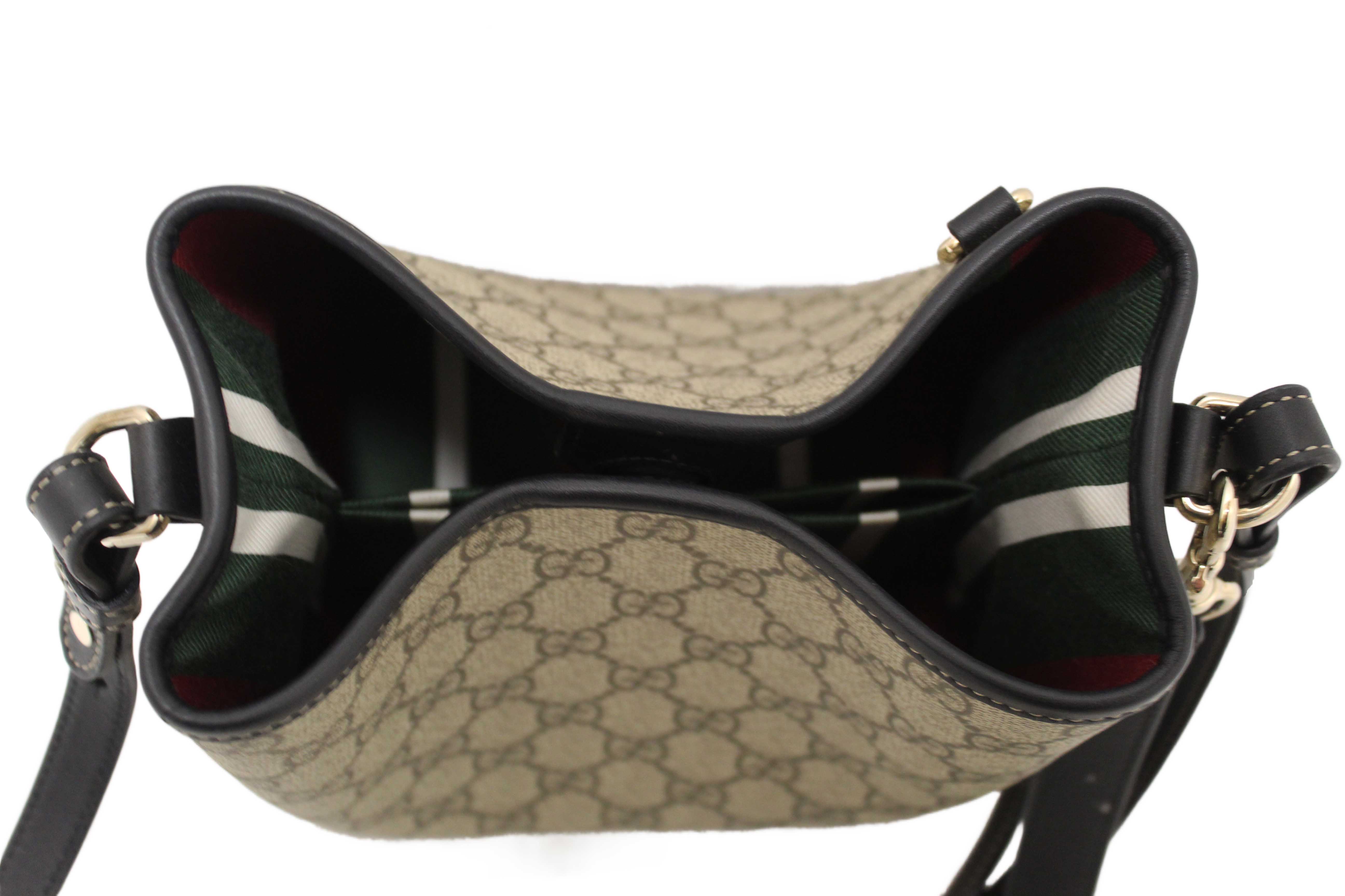 Authentic Gucci GG Supreme Monogram with Black Leather Emblem Mini Bucket Bag 815118