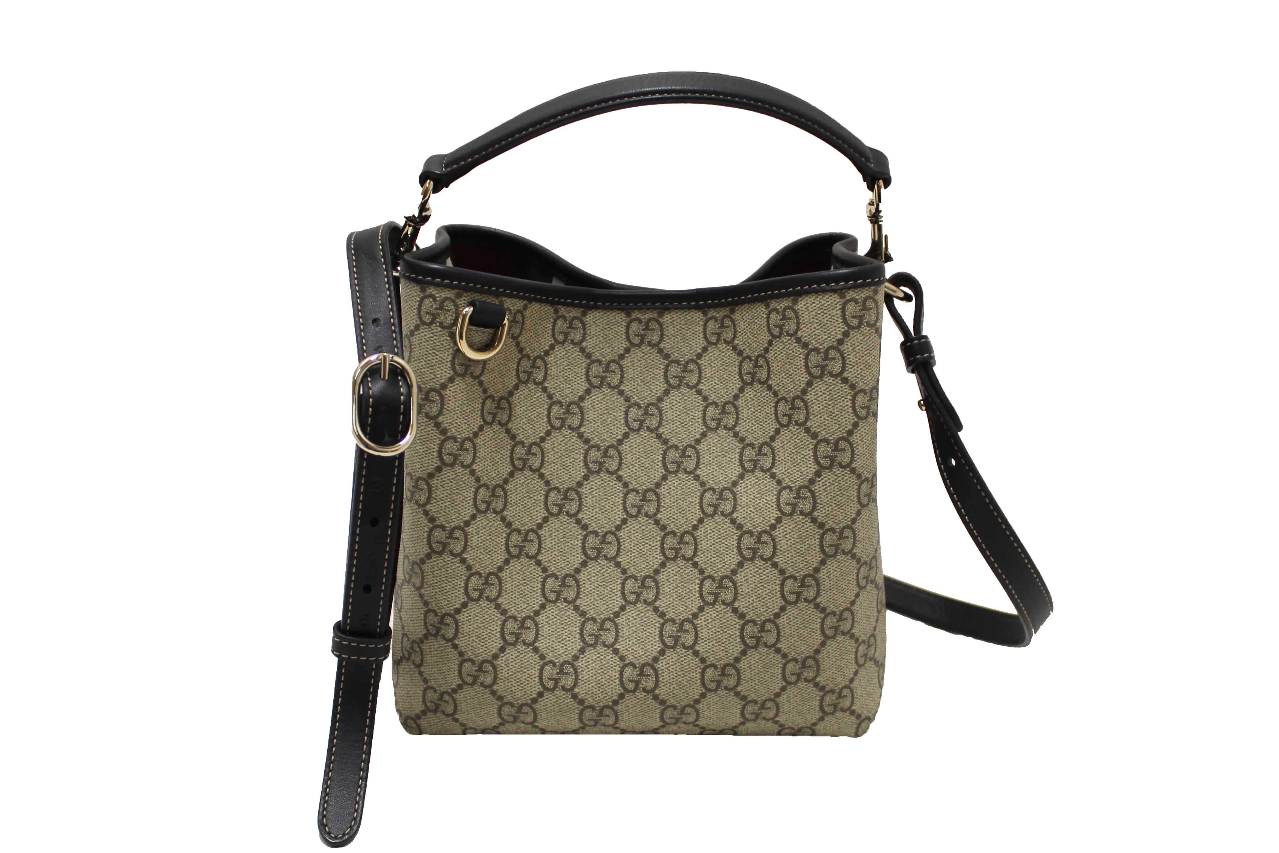 Authentic Gucci GG Supreme Monogram with Black Leather Emblem Mini Bucket Bag 815118