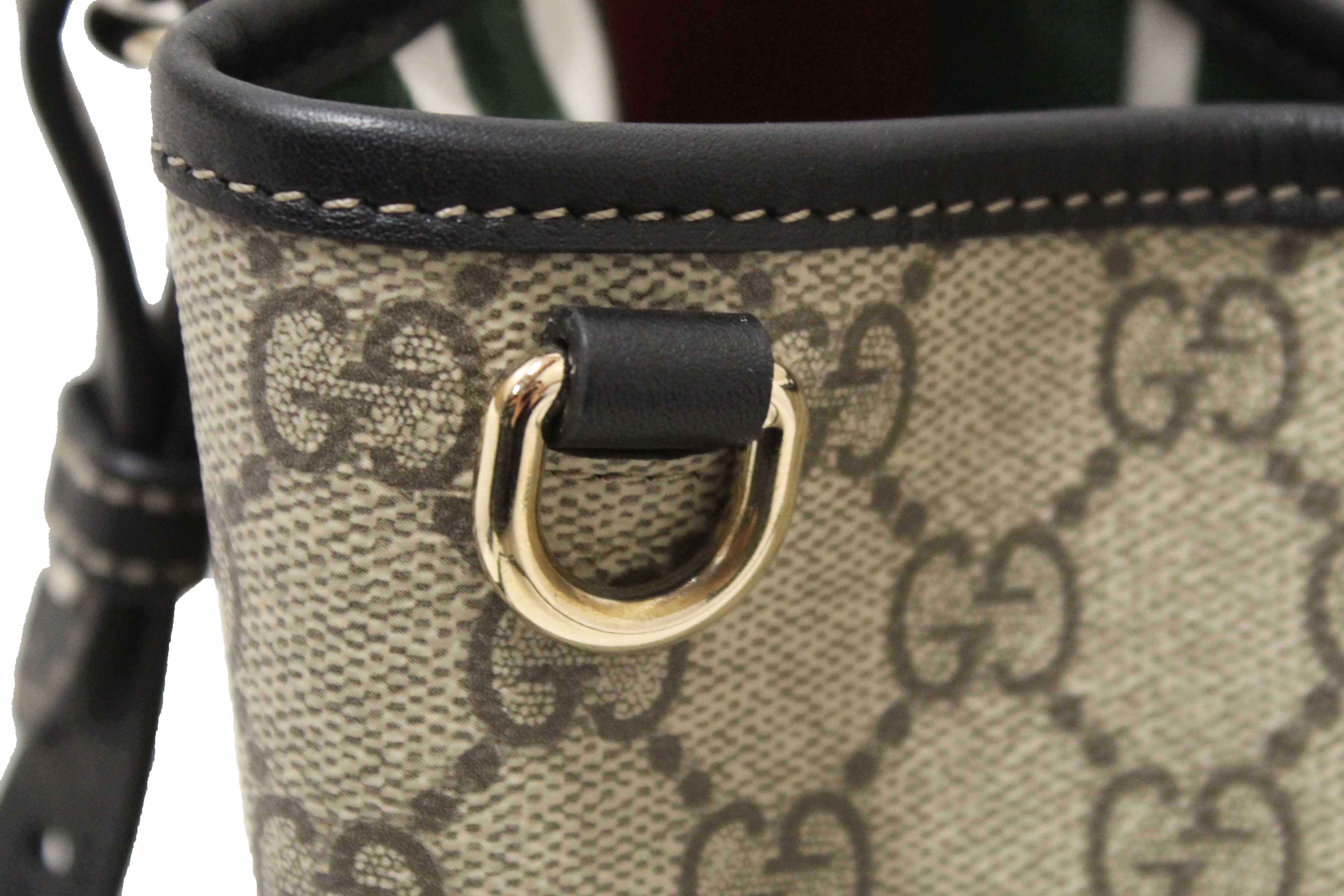 Authentic Gucci GG Supreme Monogram with Black Leather Emblem Mini Bucket Bag 815118