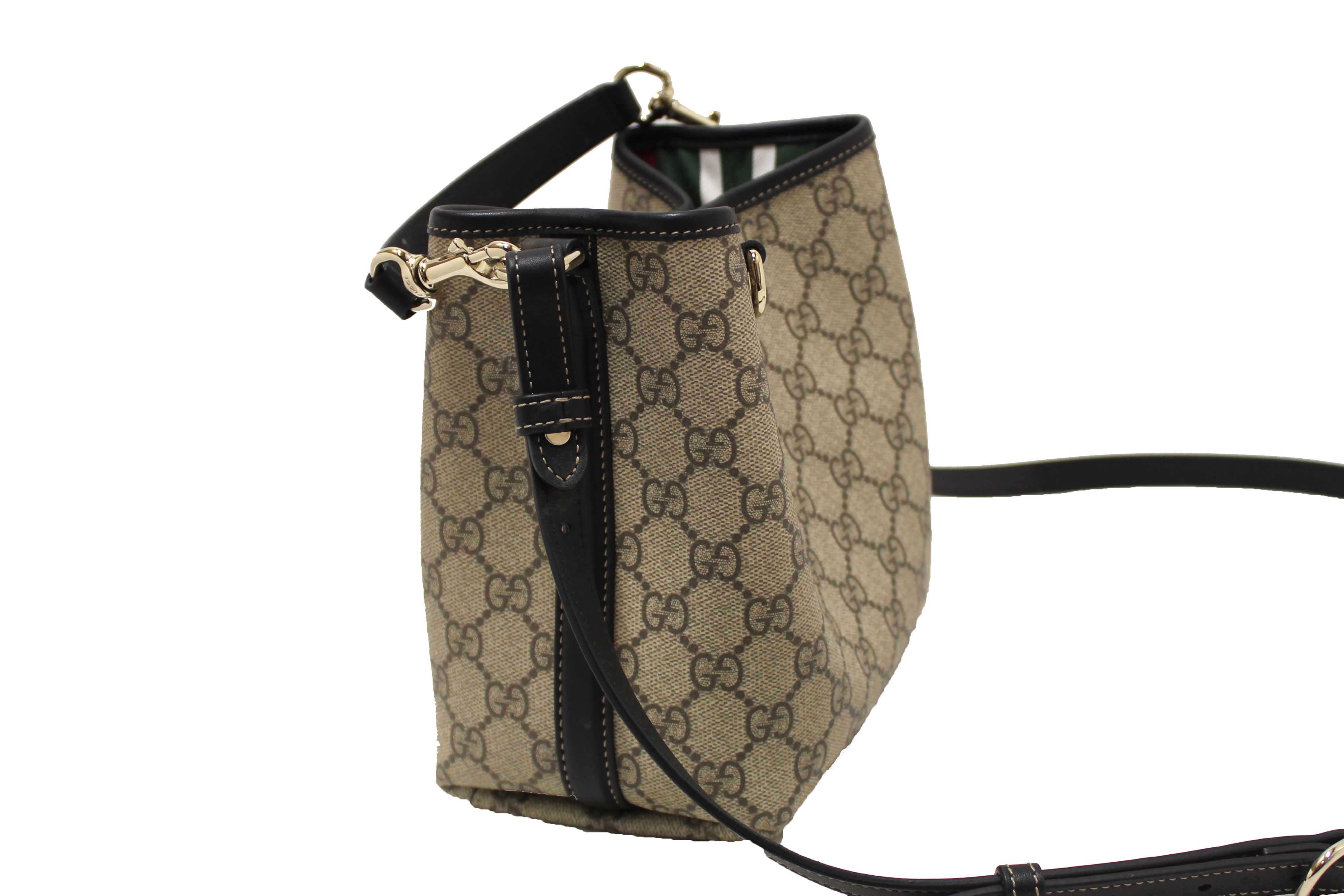 Authentic Gucci GG Supreme Monogram with Black Leather Emblem Mini Bucket Bag 815118
