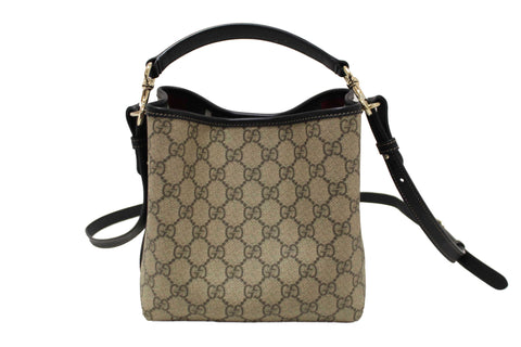 Authentic Gucci GG Supreme Monogram with Black Leather Emblem Mini Bucket Bag 815118
