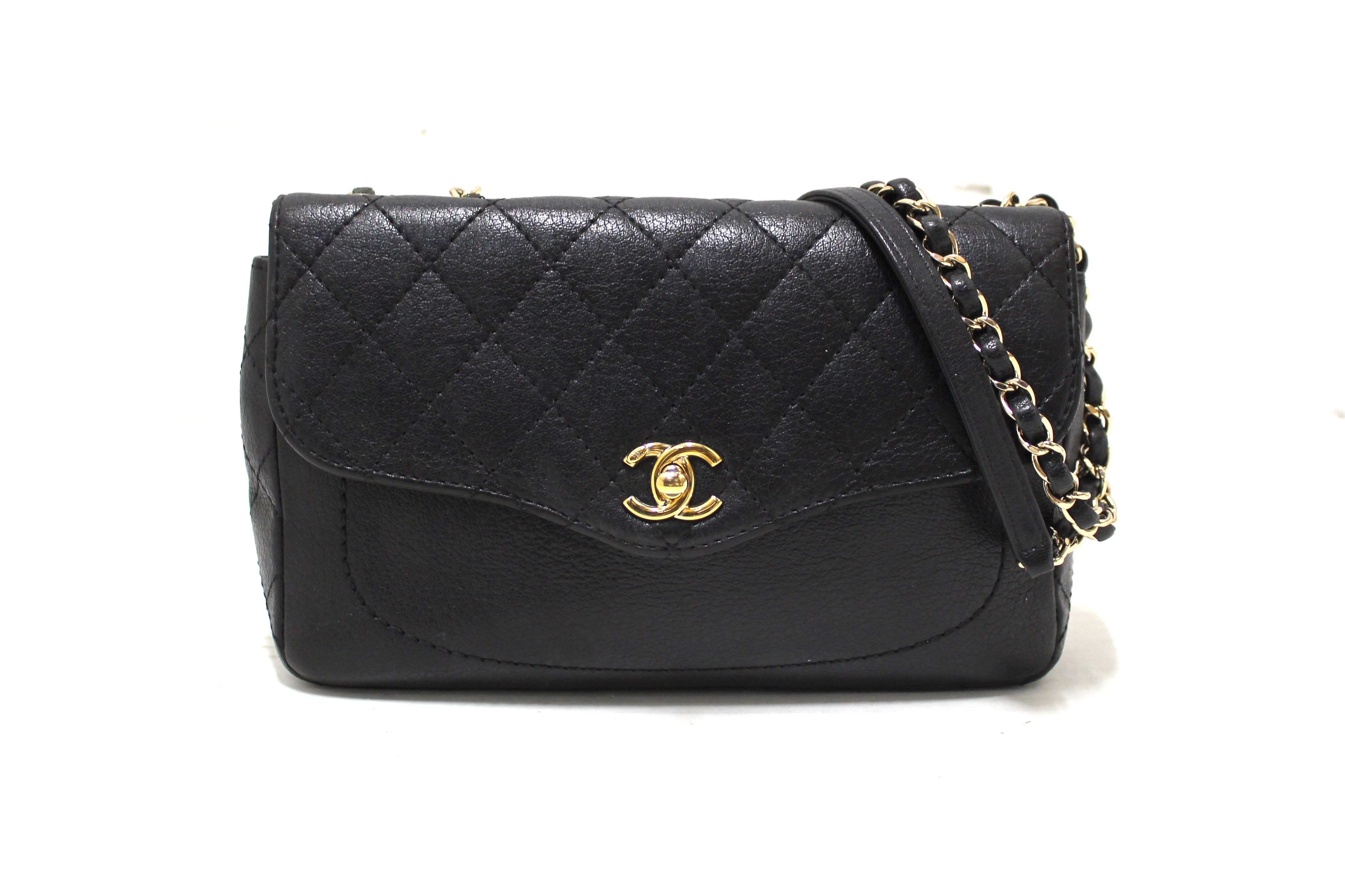 Black Quilted Lambskin Curved Flap Small