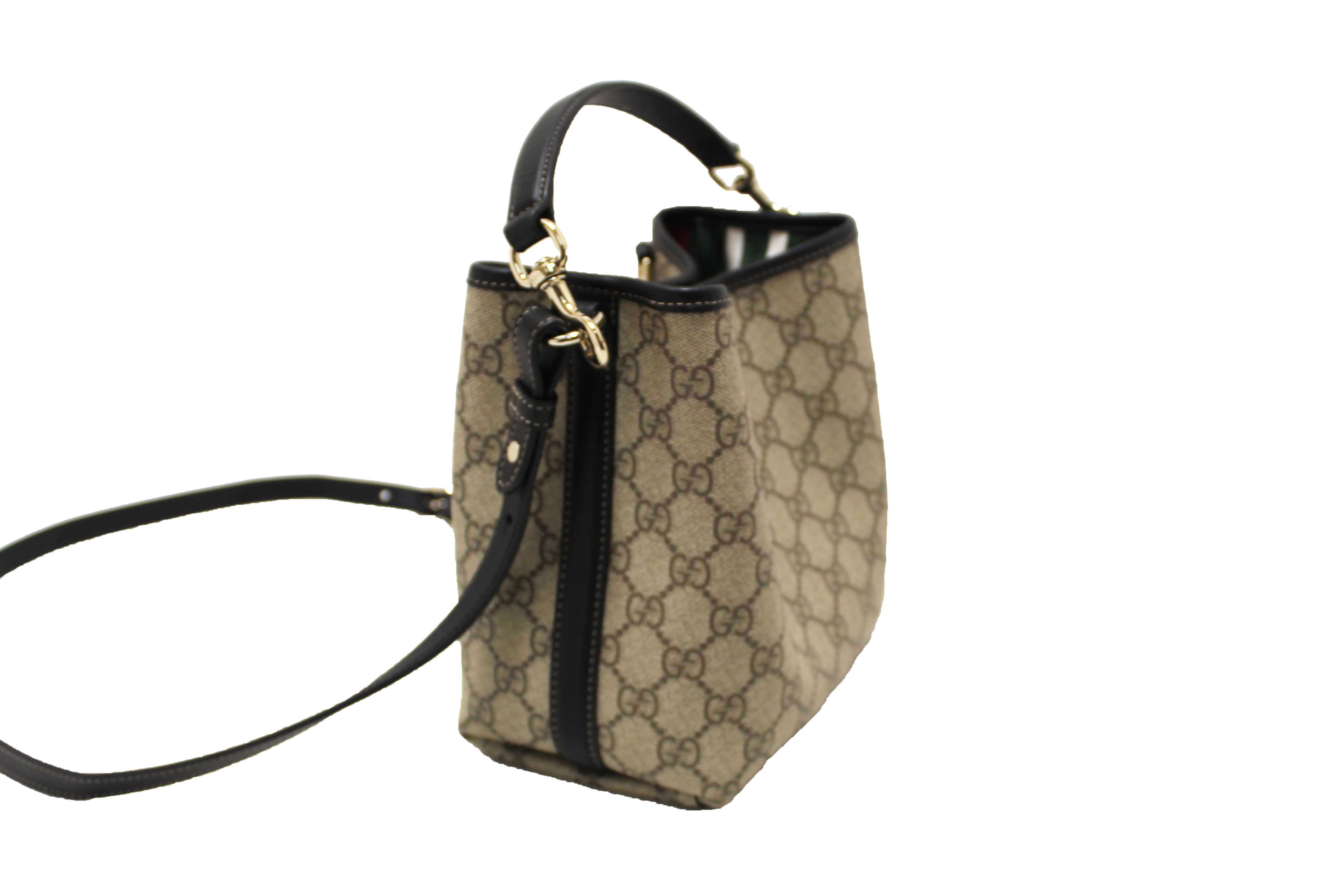 Authentic Gucci GG Supreme Monogram with Black Leather Emblem Mini Bucket Bag 815118