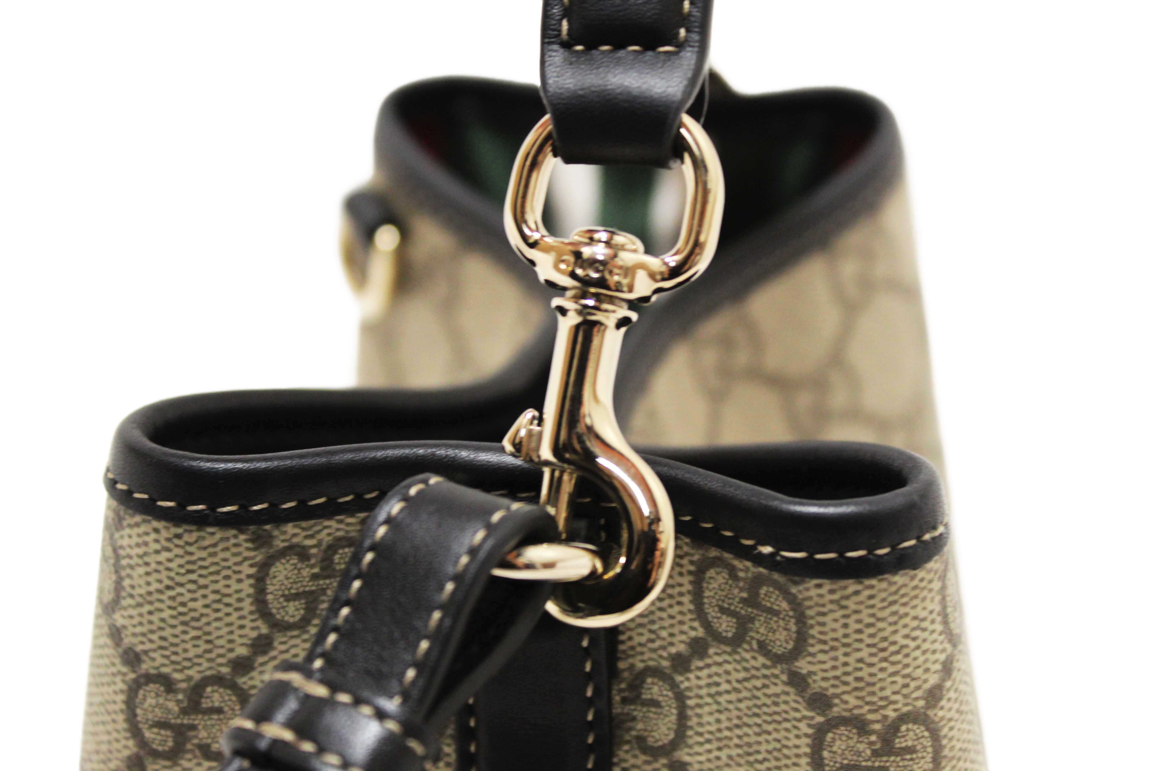 Authentic Gucci GG Supreme Monogram with Black Leather Emblem Mini Bucket Bag 815118