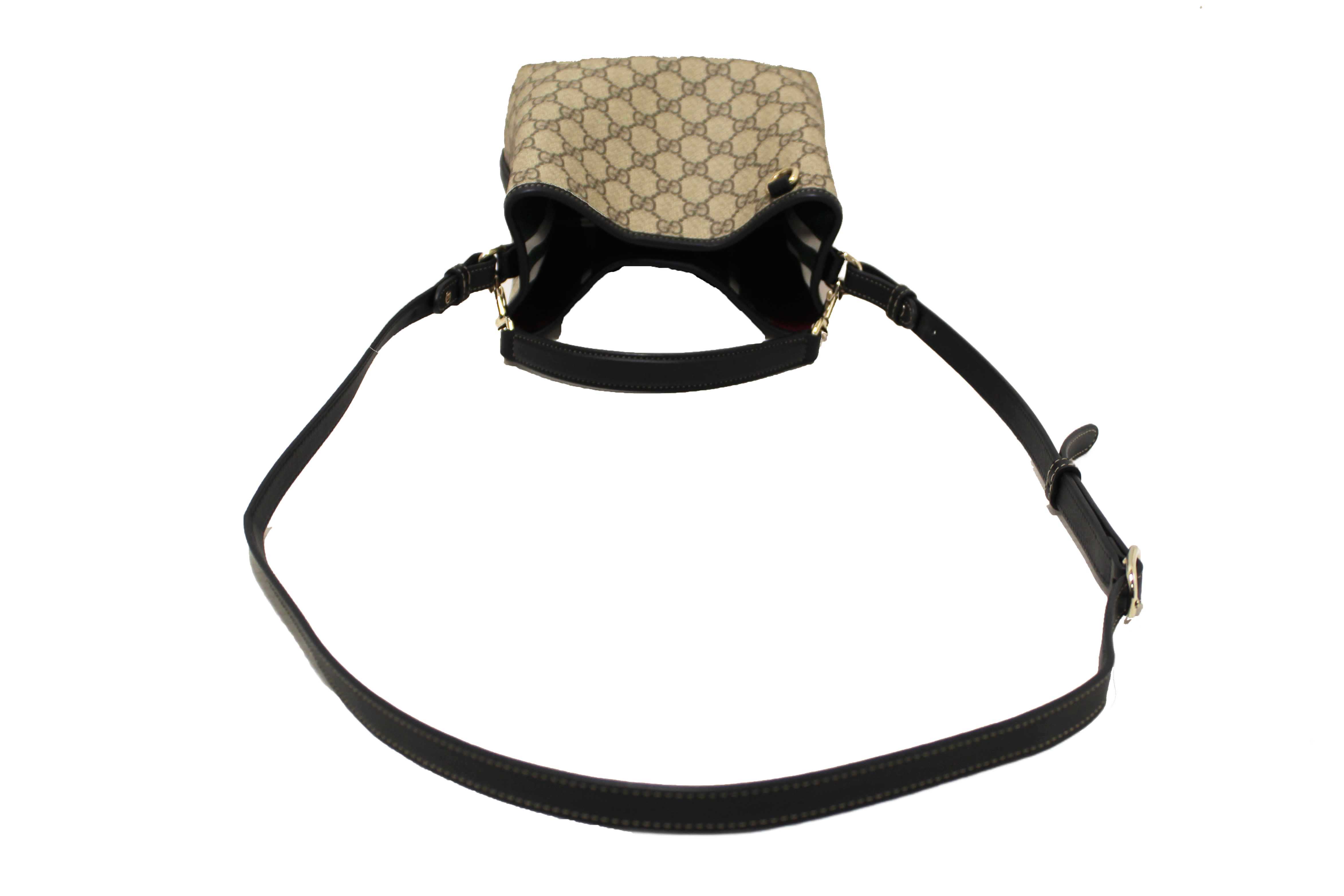 Authentic Gucci GG Supreme Monogram with Black Leather Emblem Mini Bucket Bag 815118