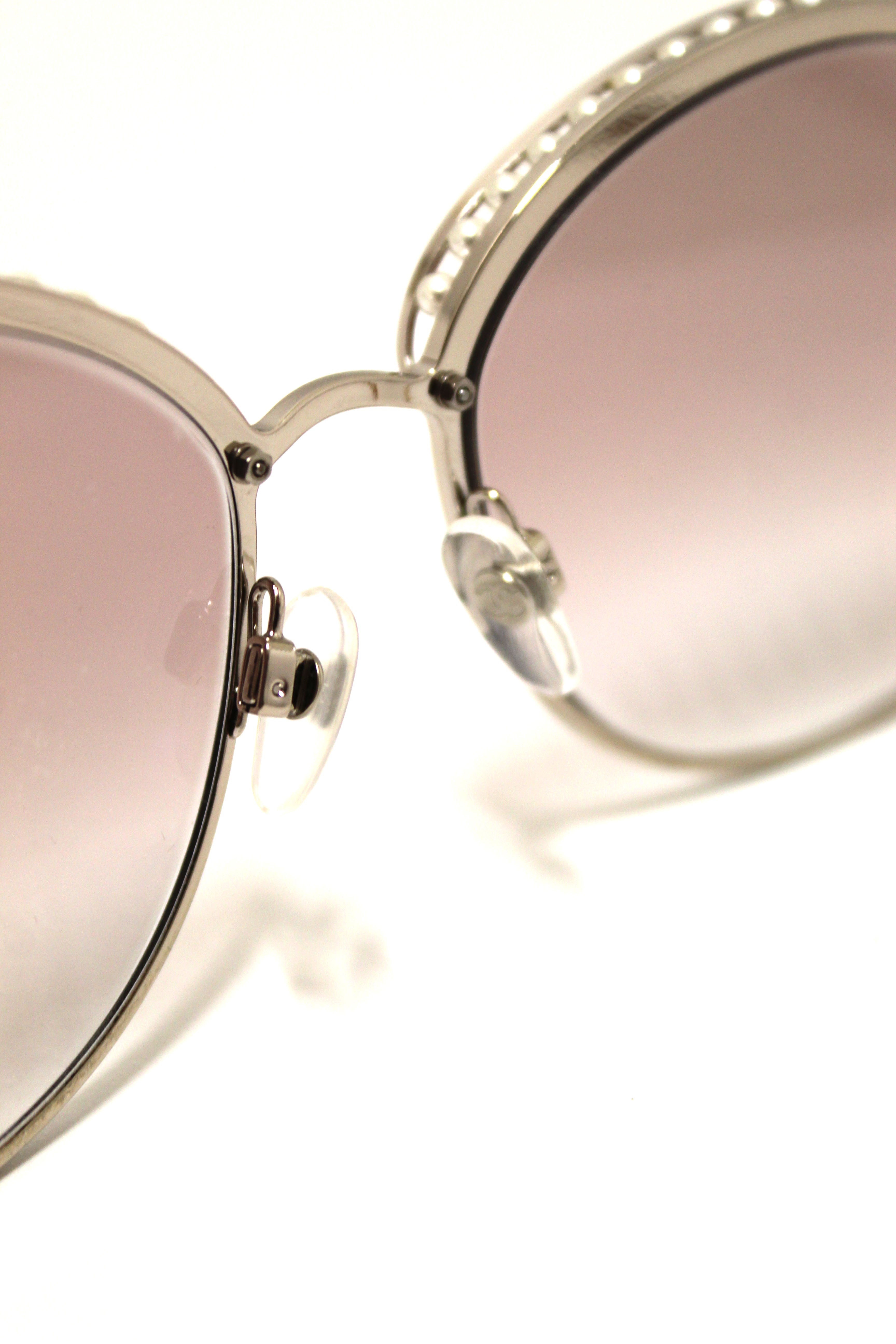 Authentic Chanel Light Gold-Tone Pearl Round Sunglasses