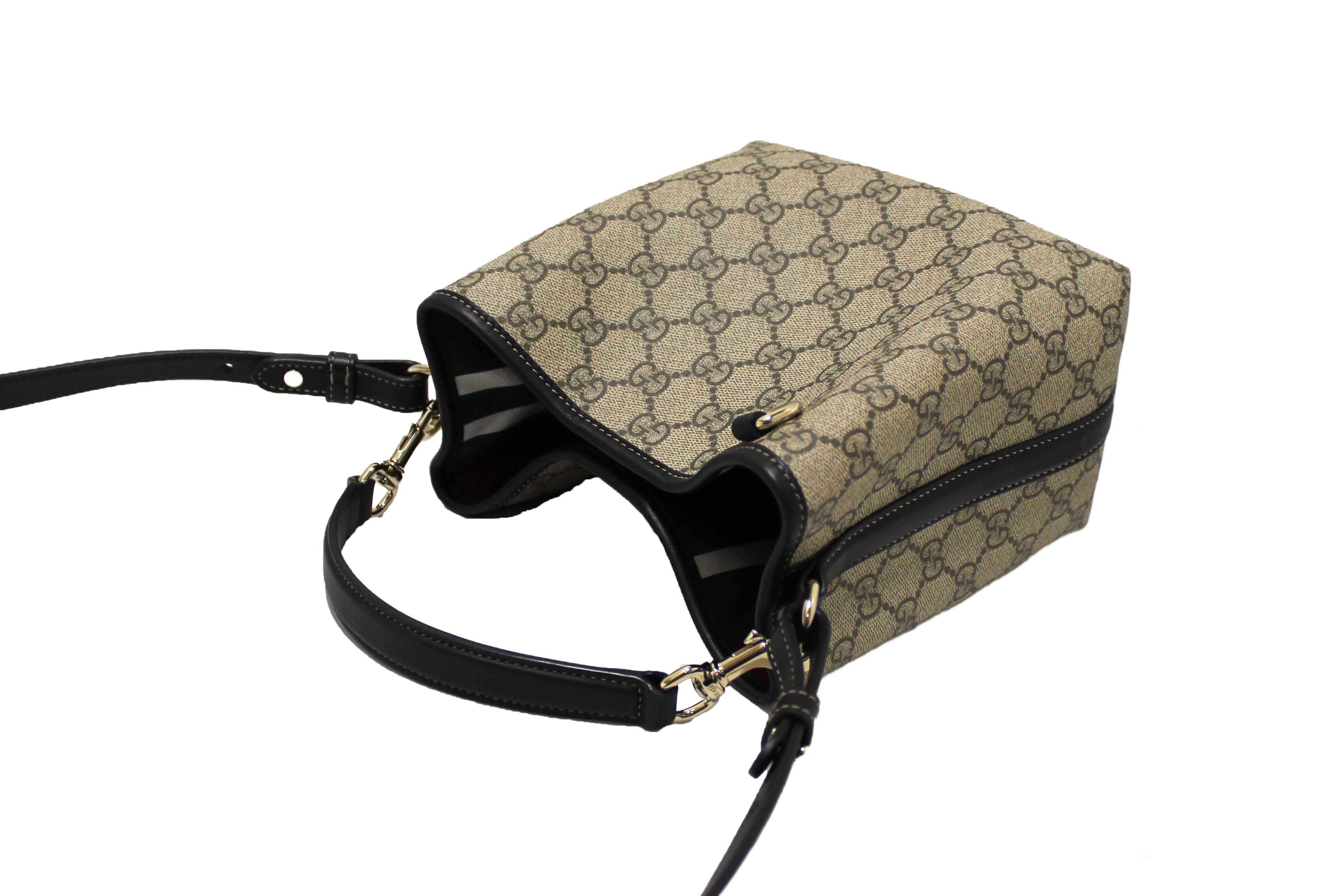 Authentic Gucci GG Supreme Monogram with Black Leather Emblem Mini Bucket Bag 815118