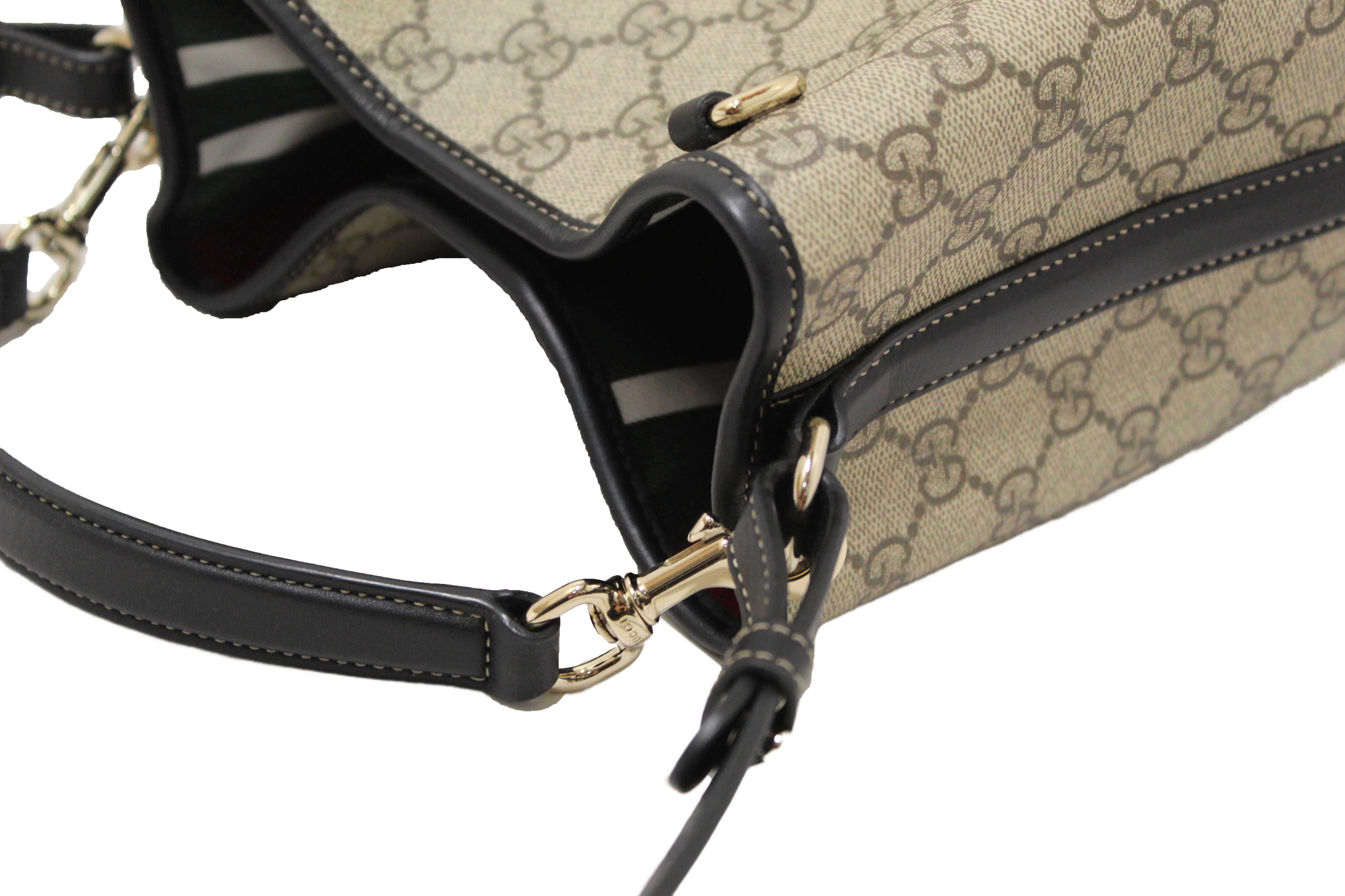 Authentic Gucci GG Supreme Monogram with Black Leather Emblem Mini Bucket Bag 815118
