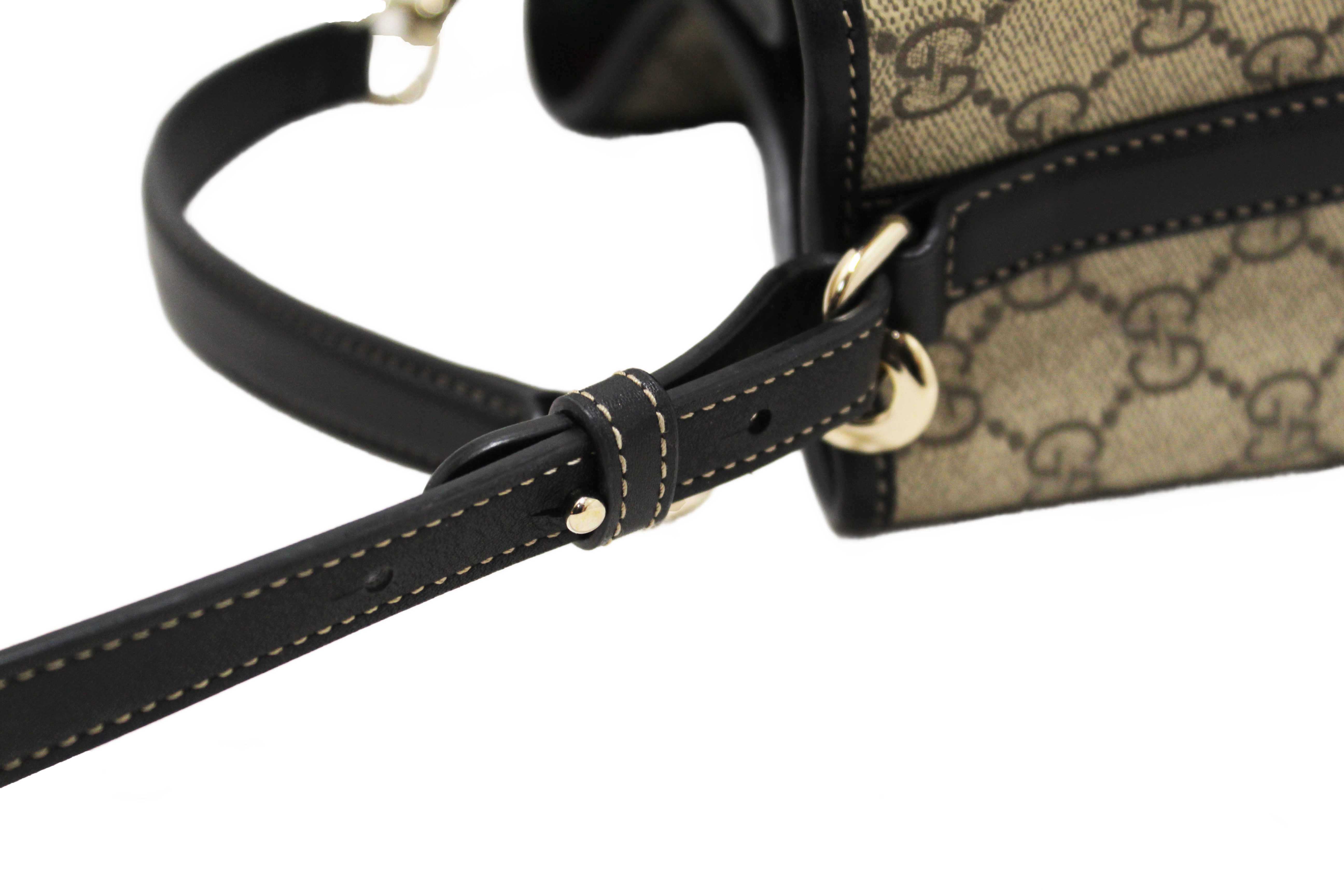 Authentic Gucci GG Supreme Monogram with Black Leather Emblem Mini Bucket Bag 815118