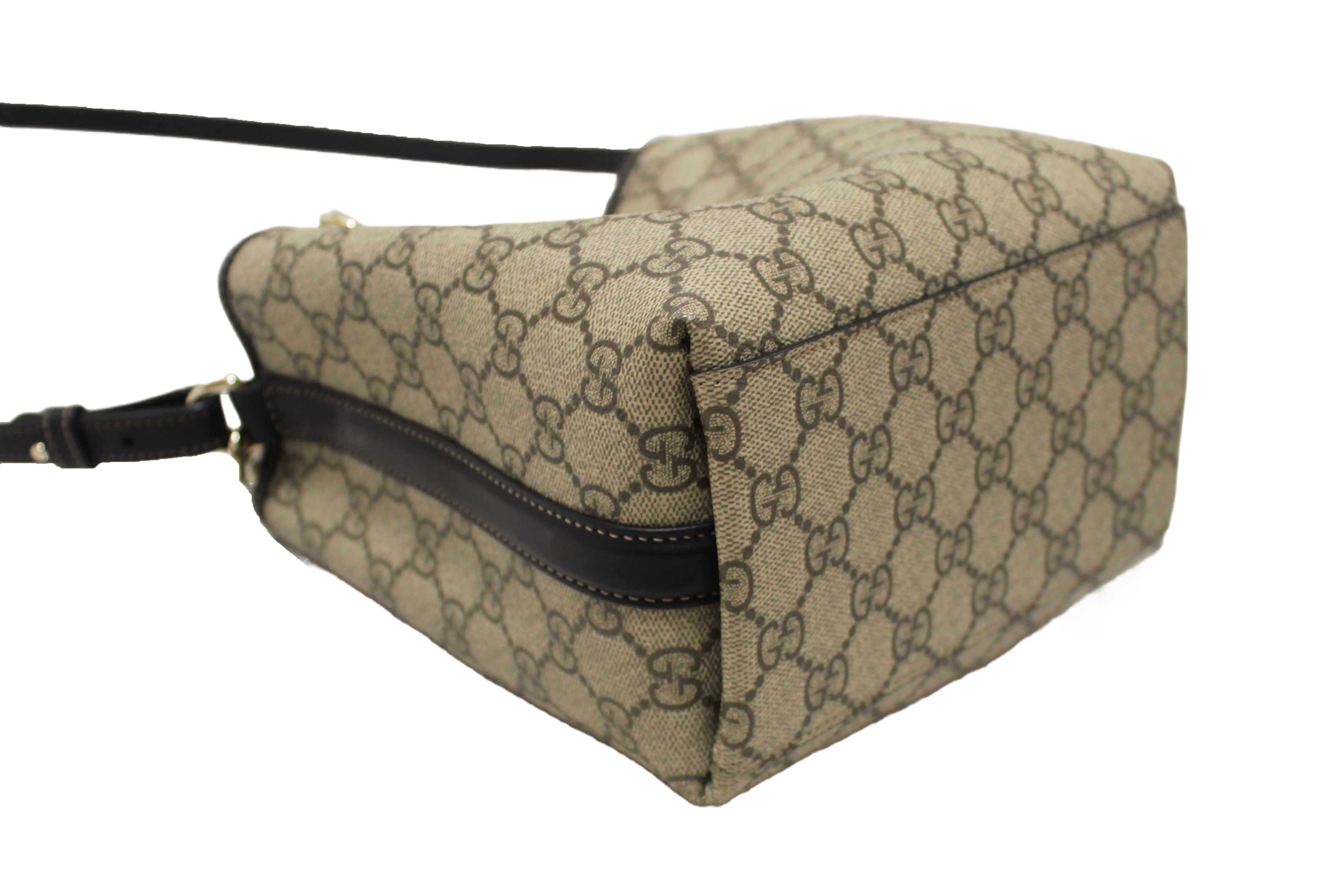 Authentic Gucci GG Supreme Monogram with Black Leather Emblem Mini Bucket Bag 815118