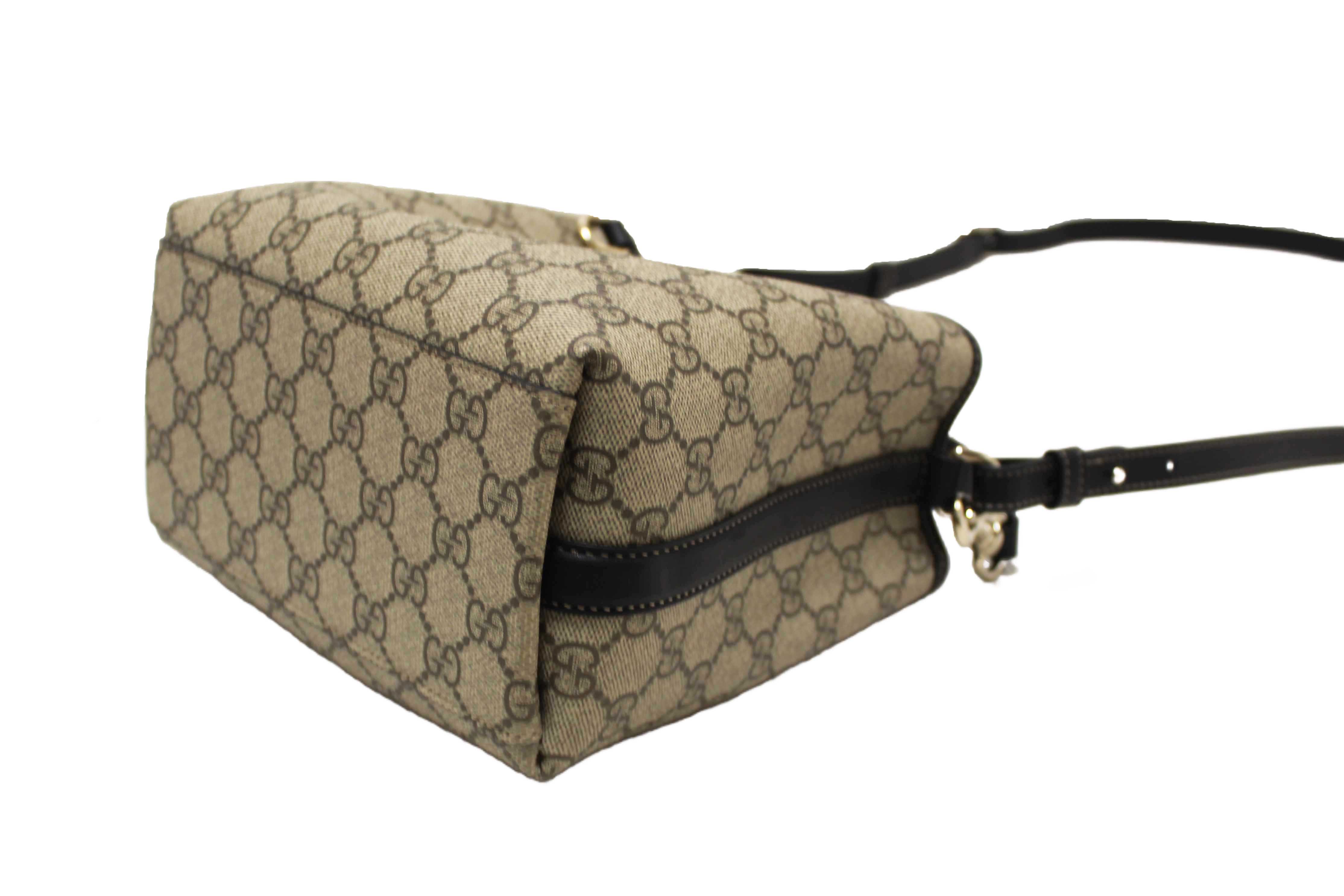 Authentic Gucci GG Supreme Monogram with Black Leather Emblem Mini Bucket Bag 815118