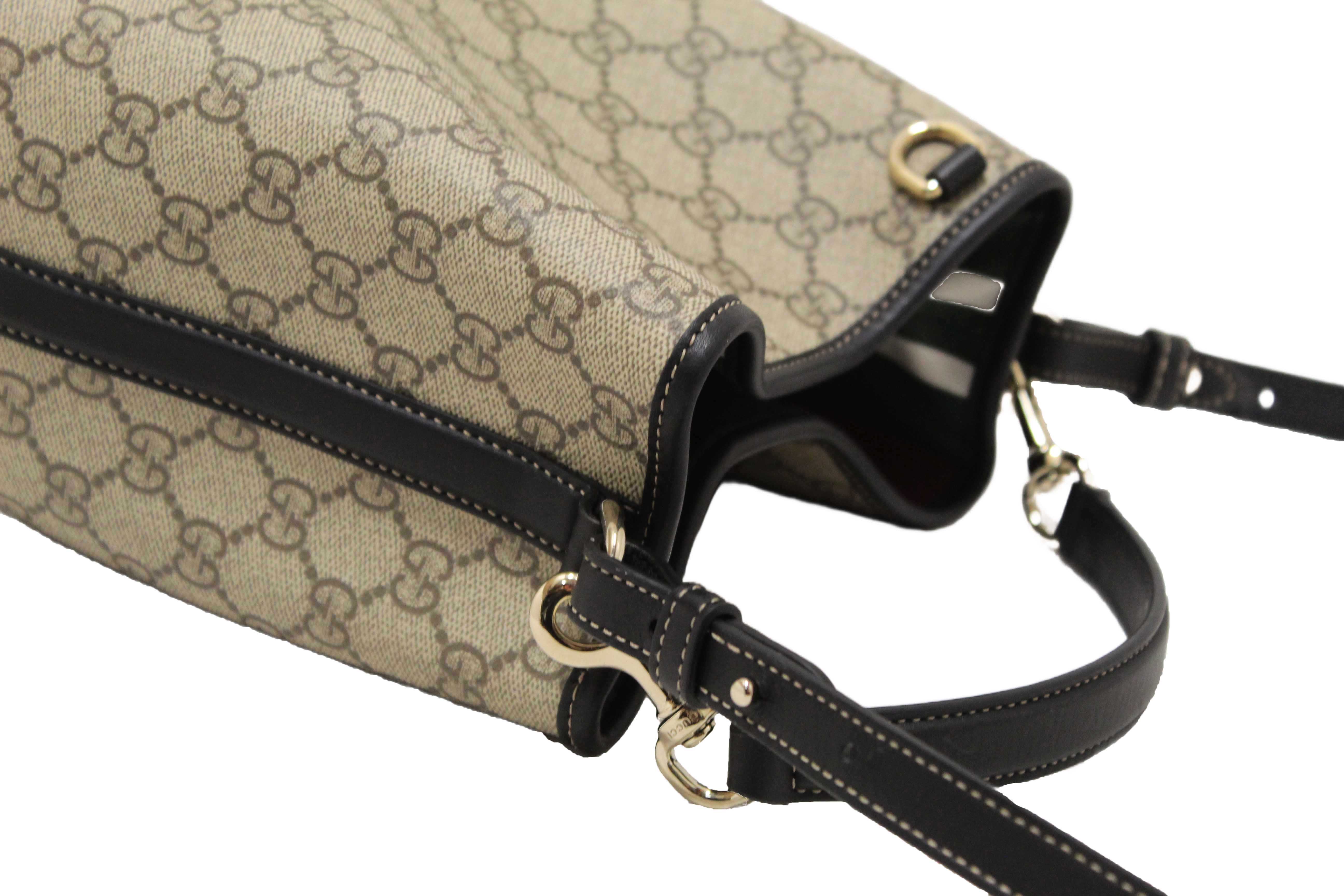 Authentic Gucci GG Supreme Monogram with Black Leather Emblem Mini Bucket Bag 815118