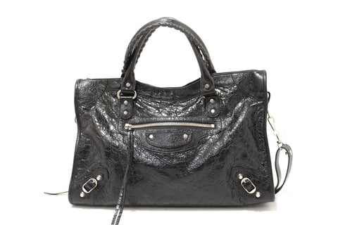 Authentic Balenciaga Black Classic Medium City Lambskin Leather Shoulder Bag