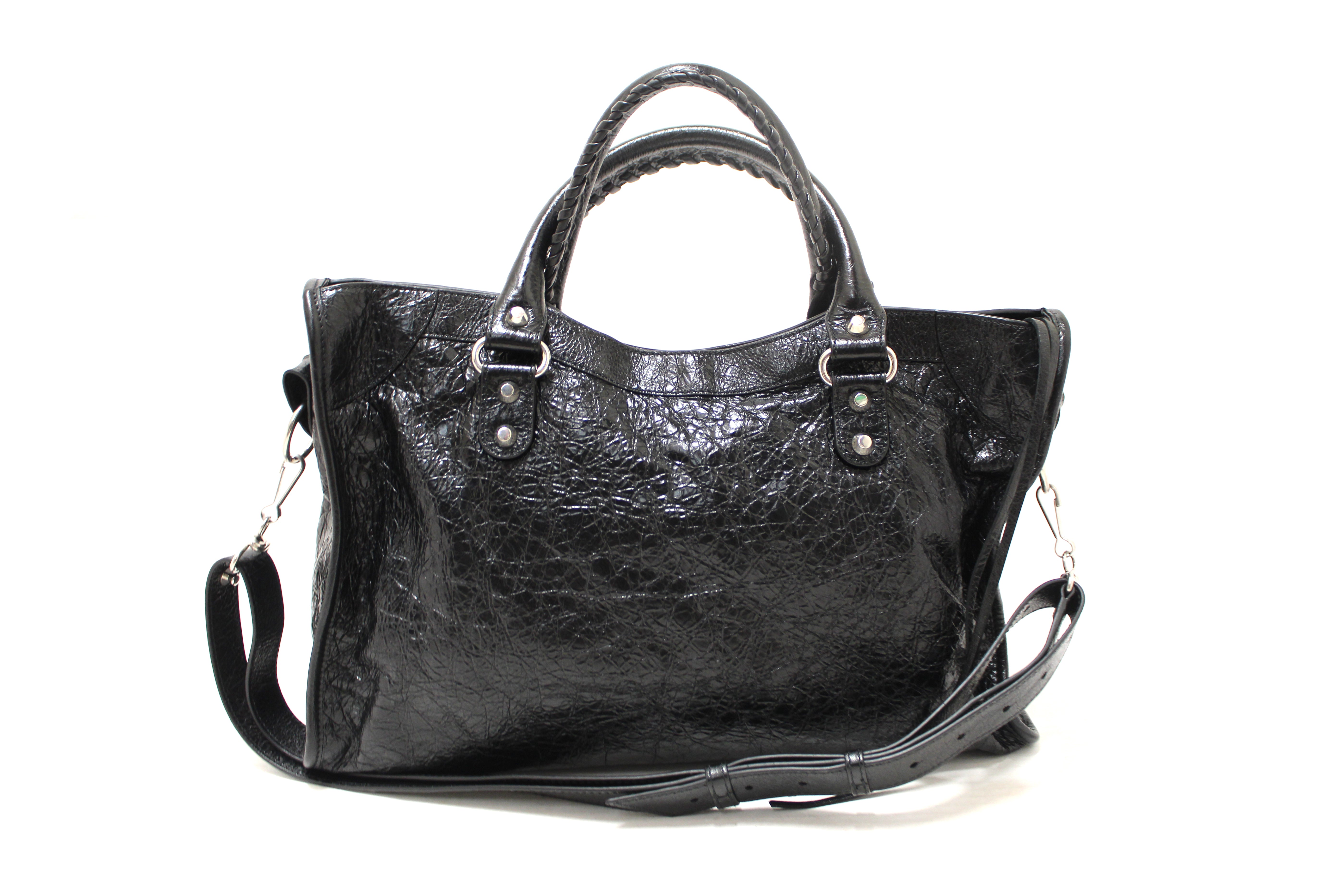 Authentic Balenciaga Black Classic Medium City Lambskin Leather Shoulder Bag
