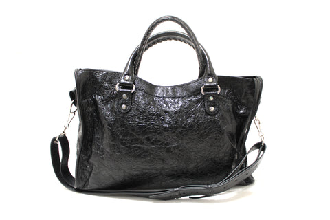 Authentic Balenciaga Black Classic Medium City Lambskin Leather Shoulder Bag