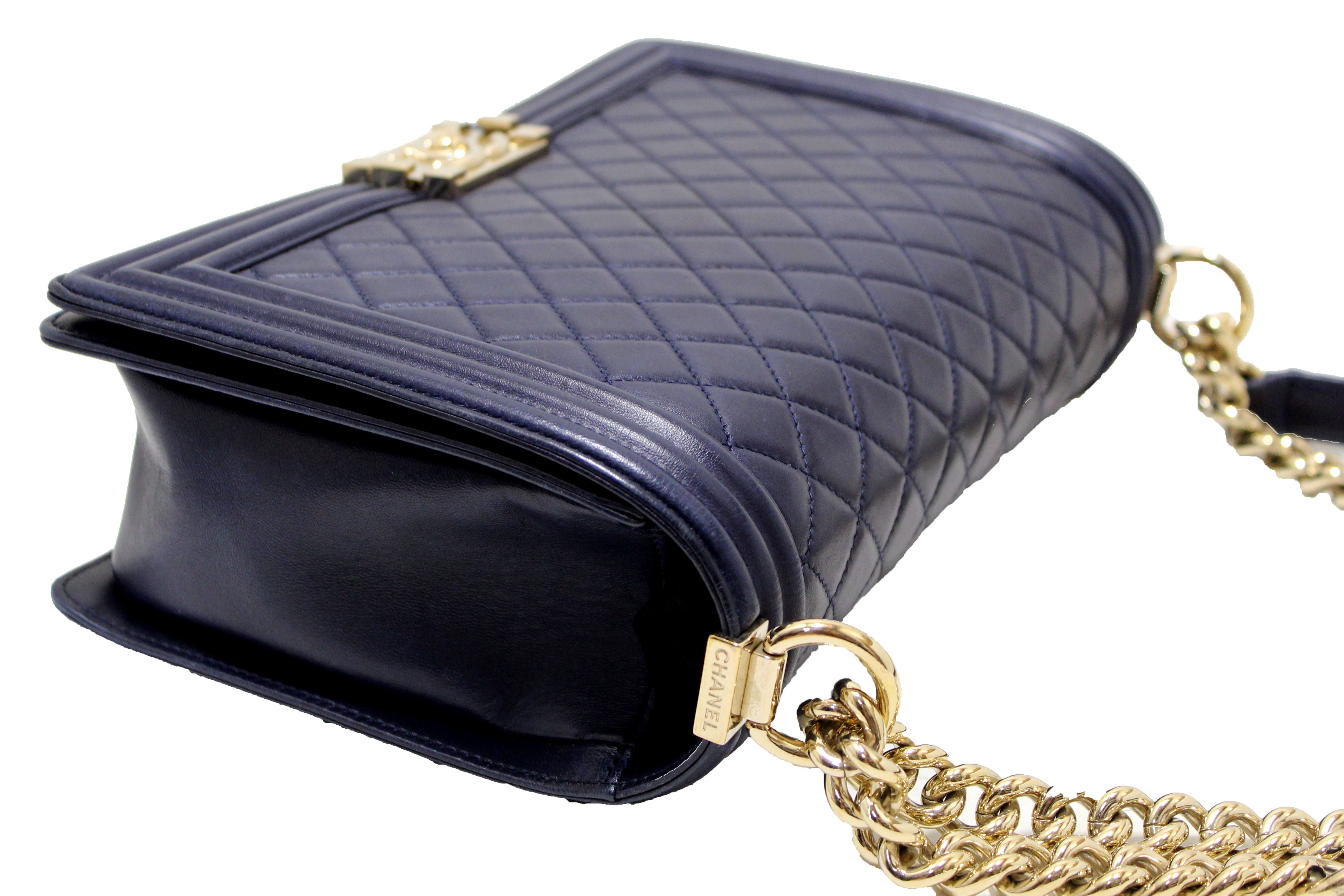 Authentic Chanel Blue Quilted Lambskin Leather New Medium Boy Shoulder Bag