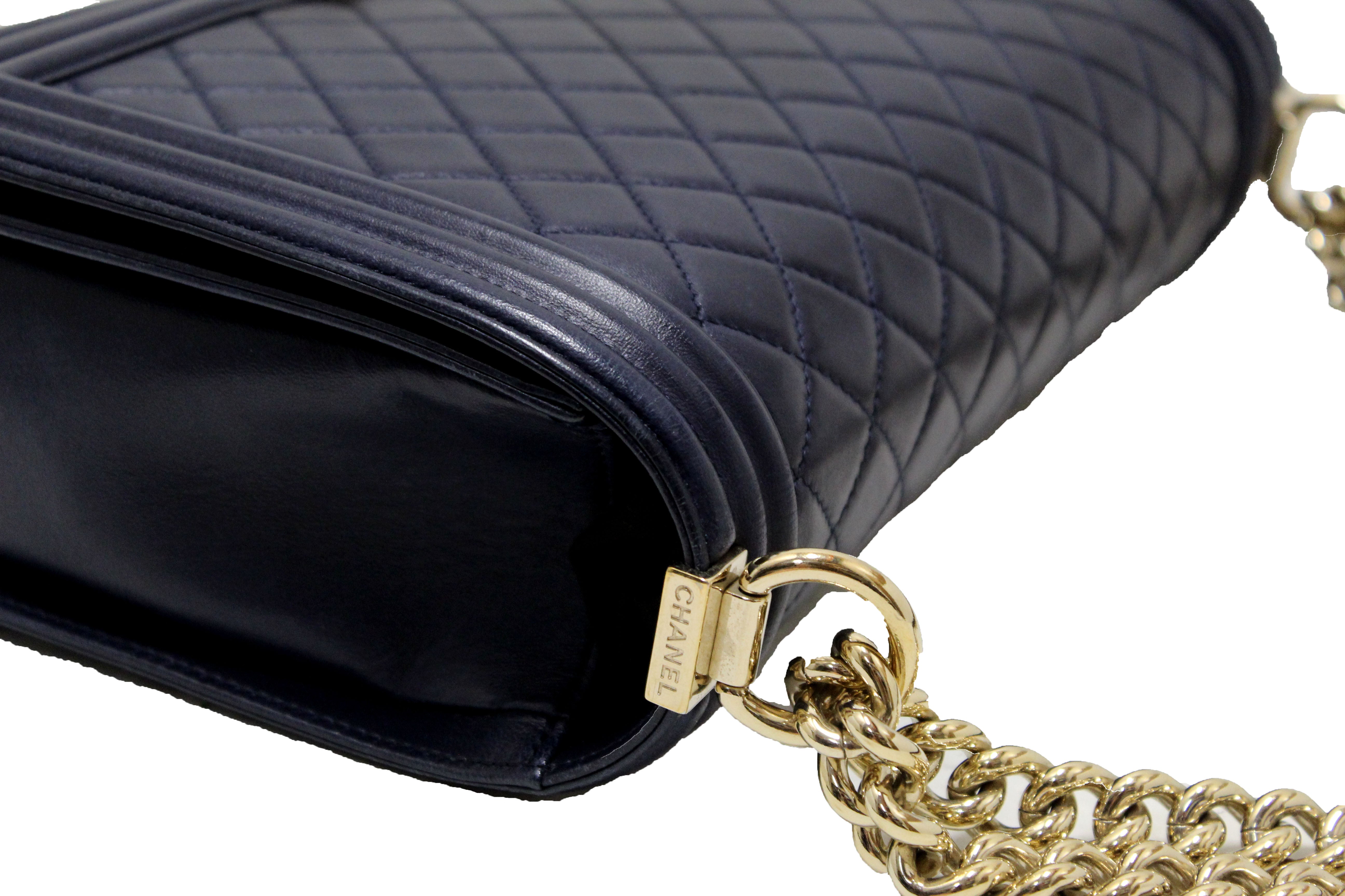Authentic Chanel Blue Quilted Lambskin Leather New Medium Boy Shoulder Bag