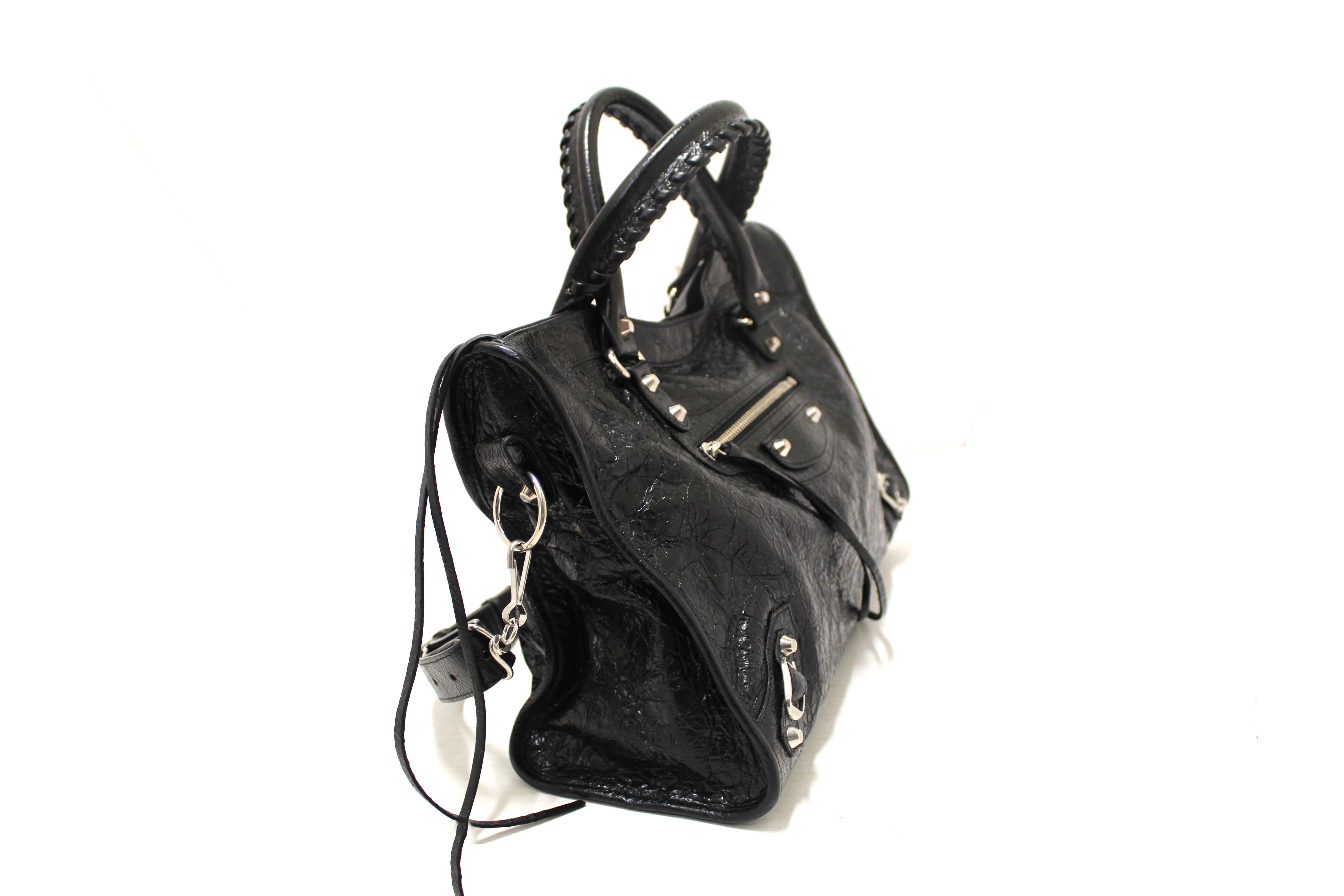 Authentic Balenciaga Black Classic Medium City Lambskin Leather Shoulder Bag