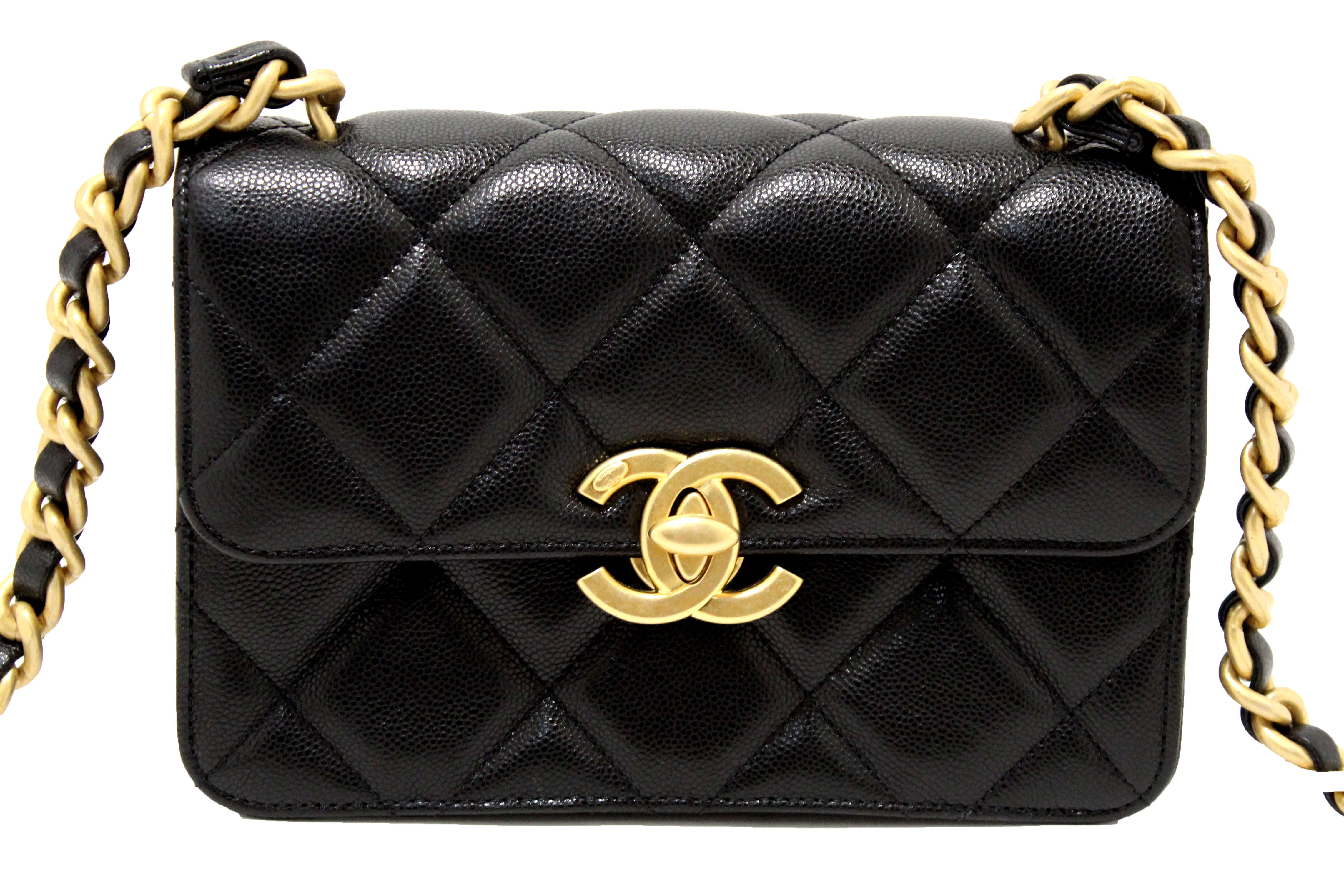 Authentic Chanel Black Quilted Grained Calfskin Leather Small Flap Bag