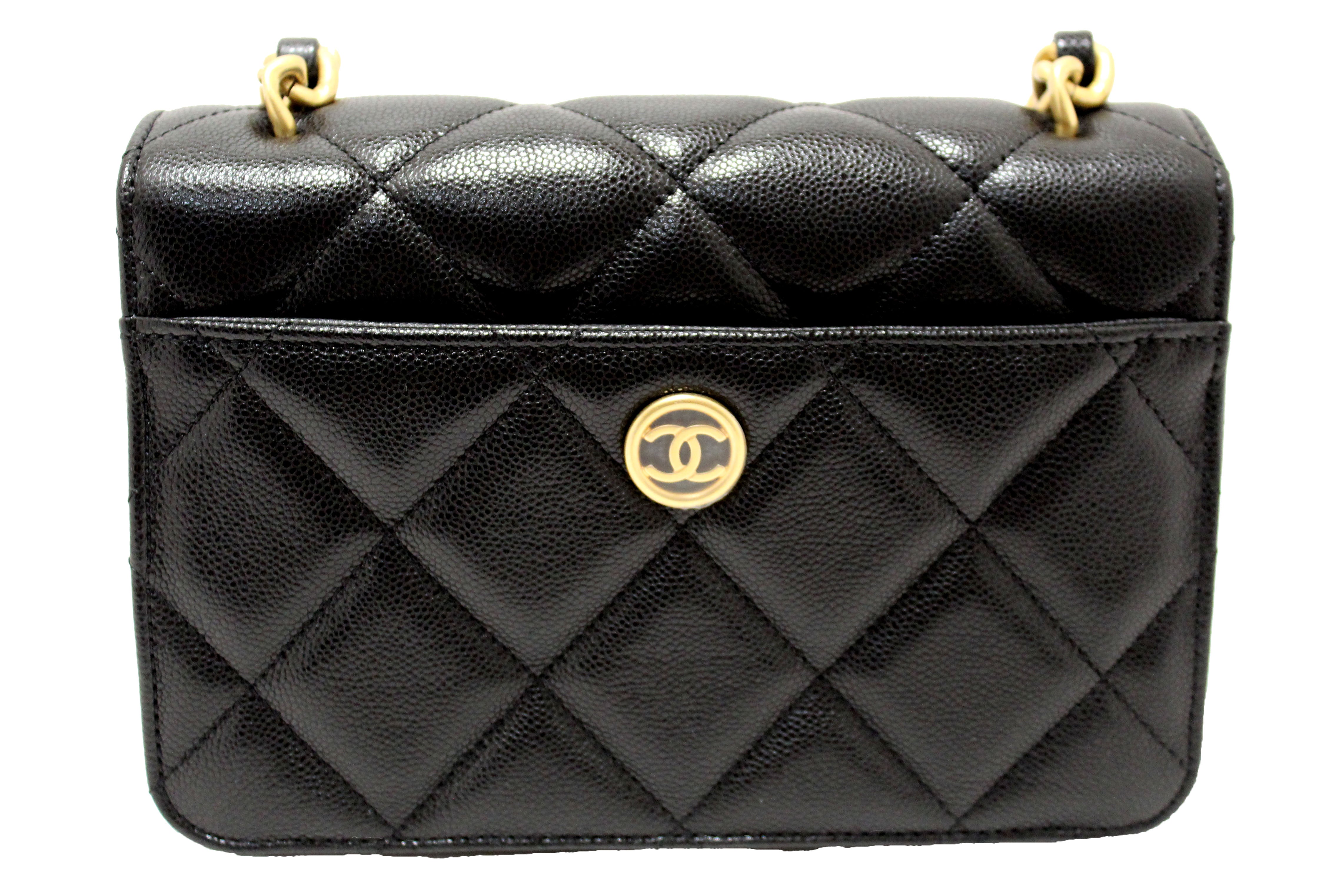 Authentic Chanel Black Quilted Grained Calfskin Leather Small Flap Bag