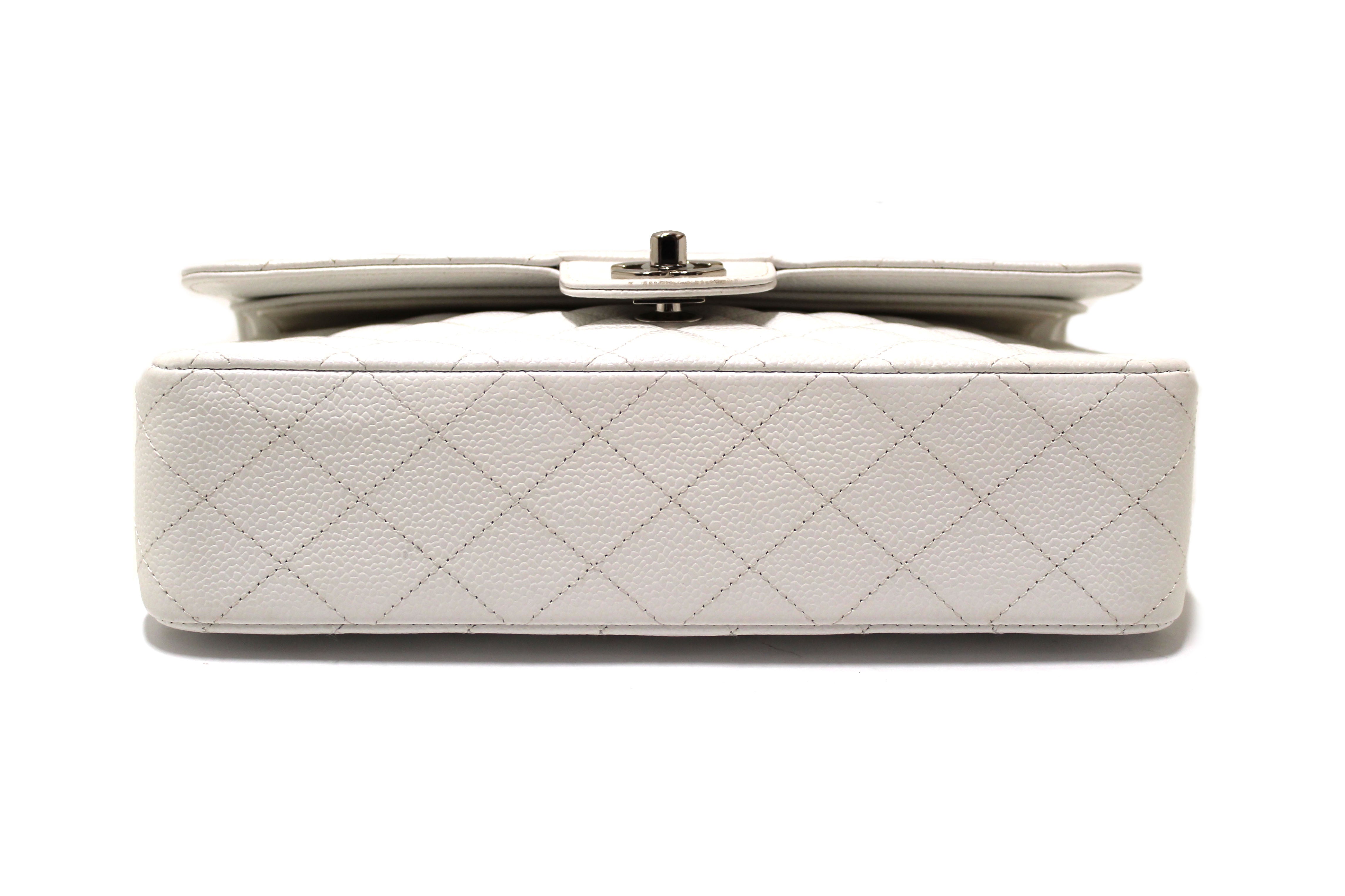 Authentic Chanel White Caviar Leather Medium Classic Flap Chain Handbag