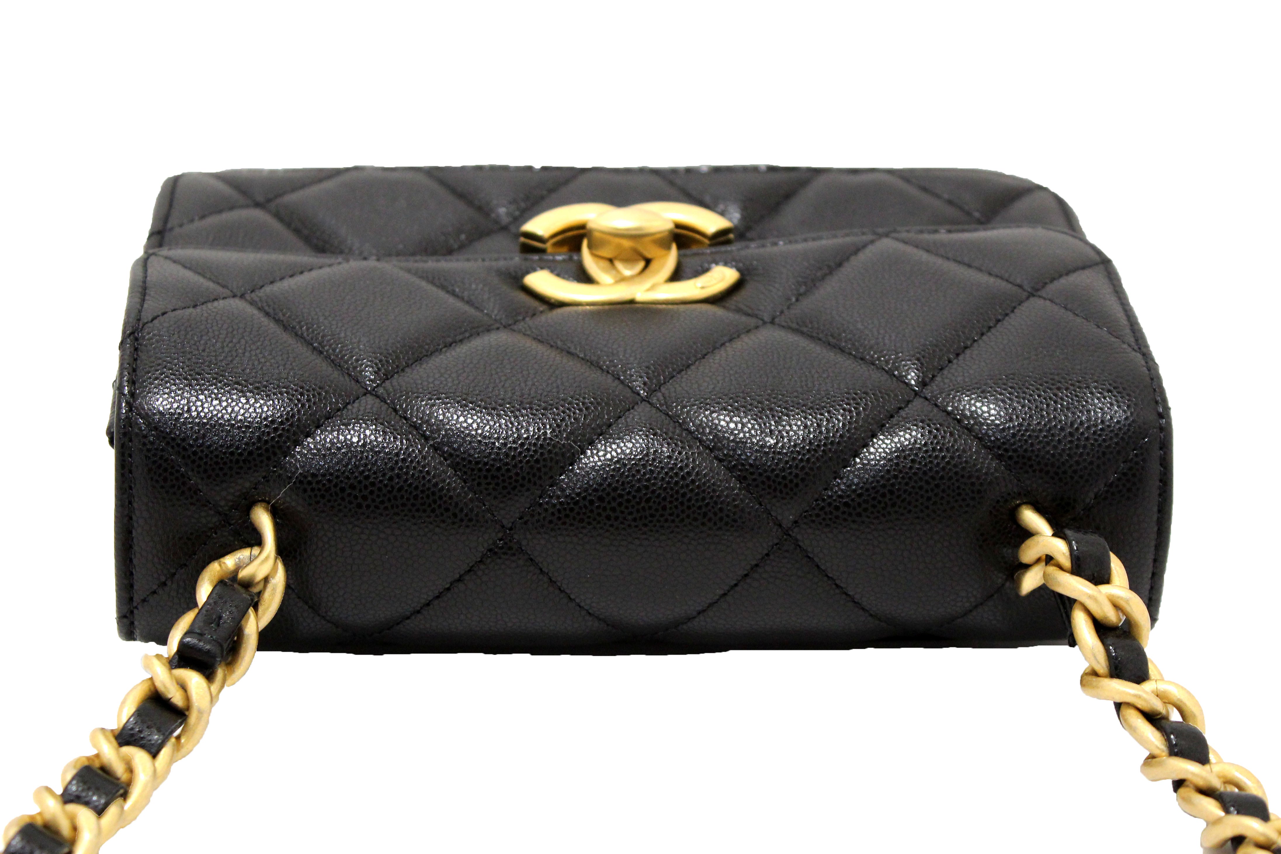 Authentic Chanel Black Quilted Grained Calfskin Leather Small Flap Bag