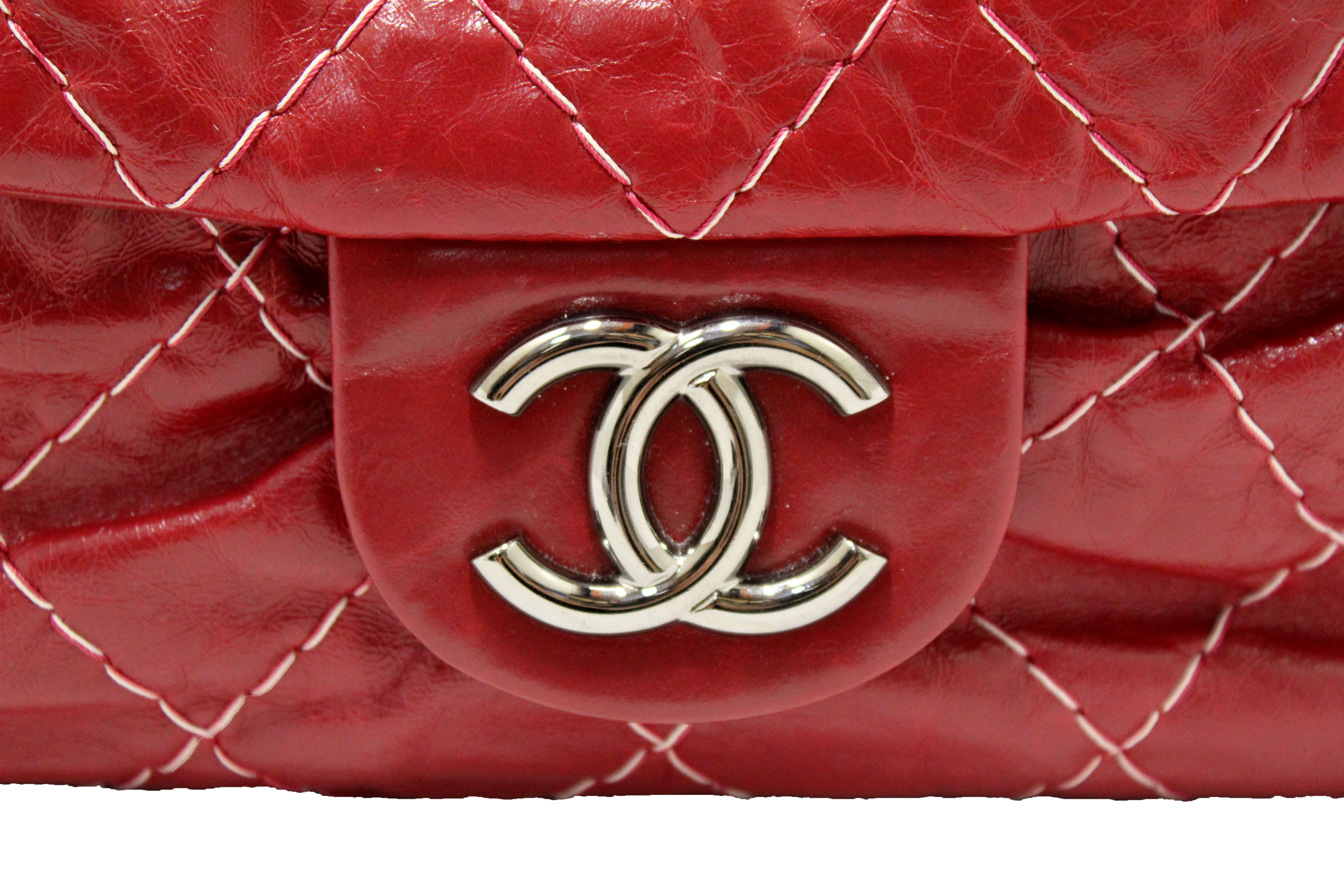 Authentic Chanel Stitch Dark Red Glazed Aged Calfskin Leather Maxi Single Flap Bag