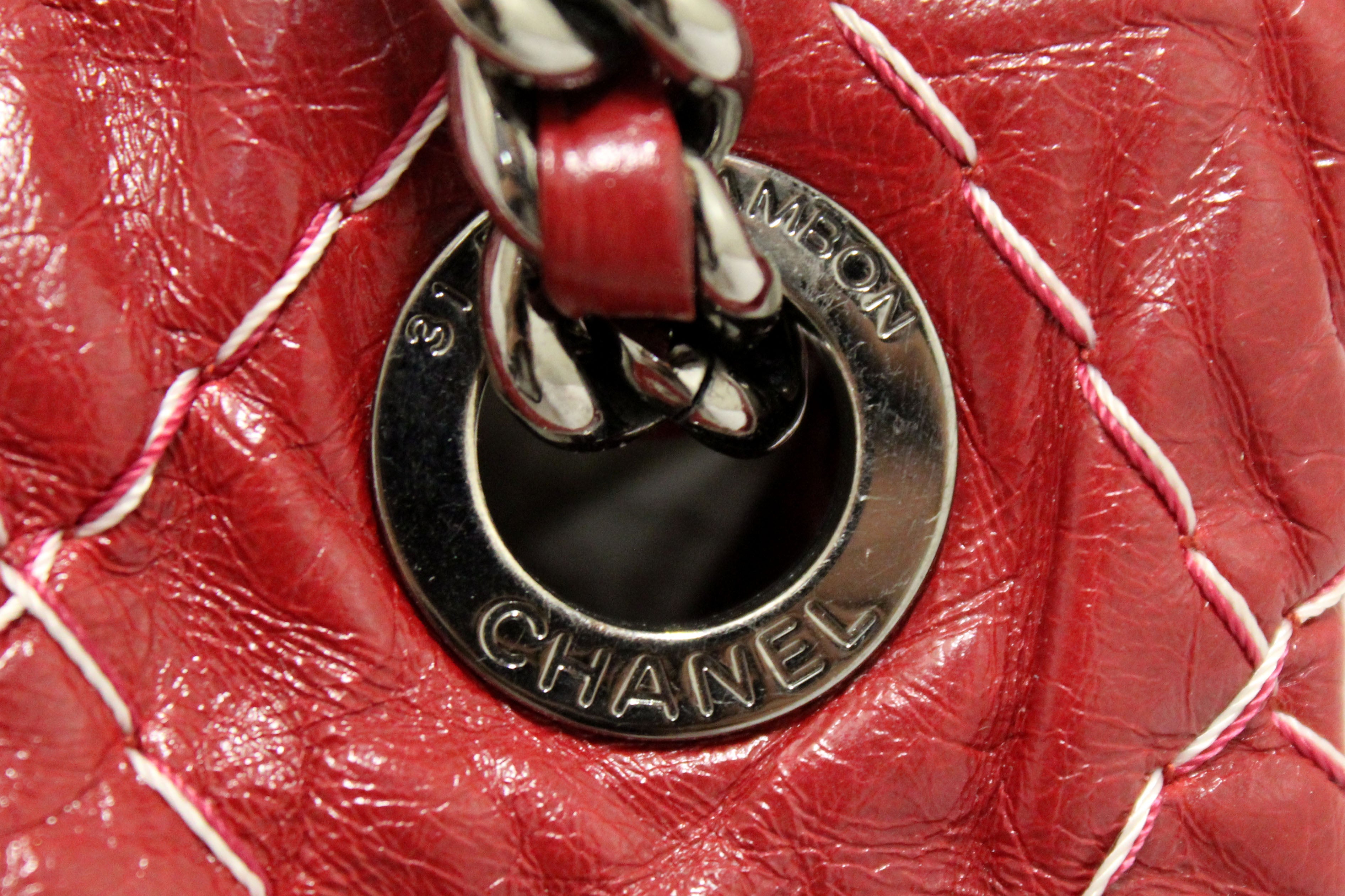 Authentic Chanel Stitch Dark Red Glazed Aged Calfskin Leather Maxi Single Flap Bag