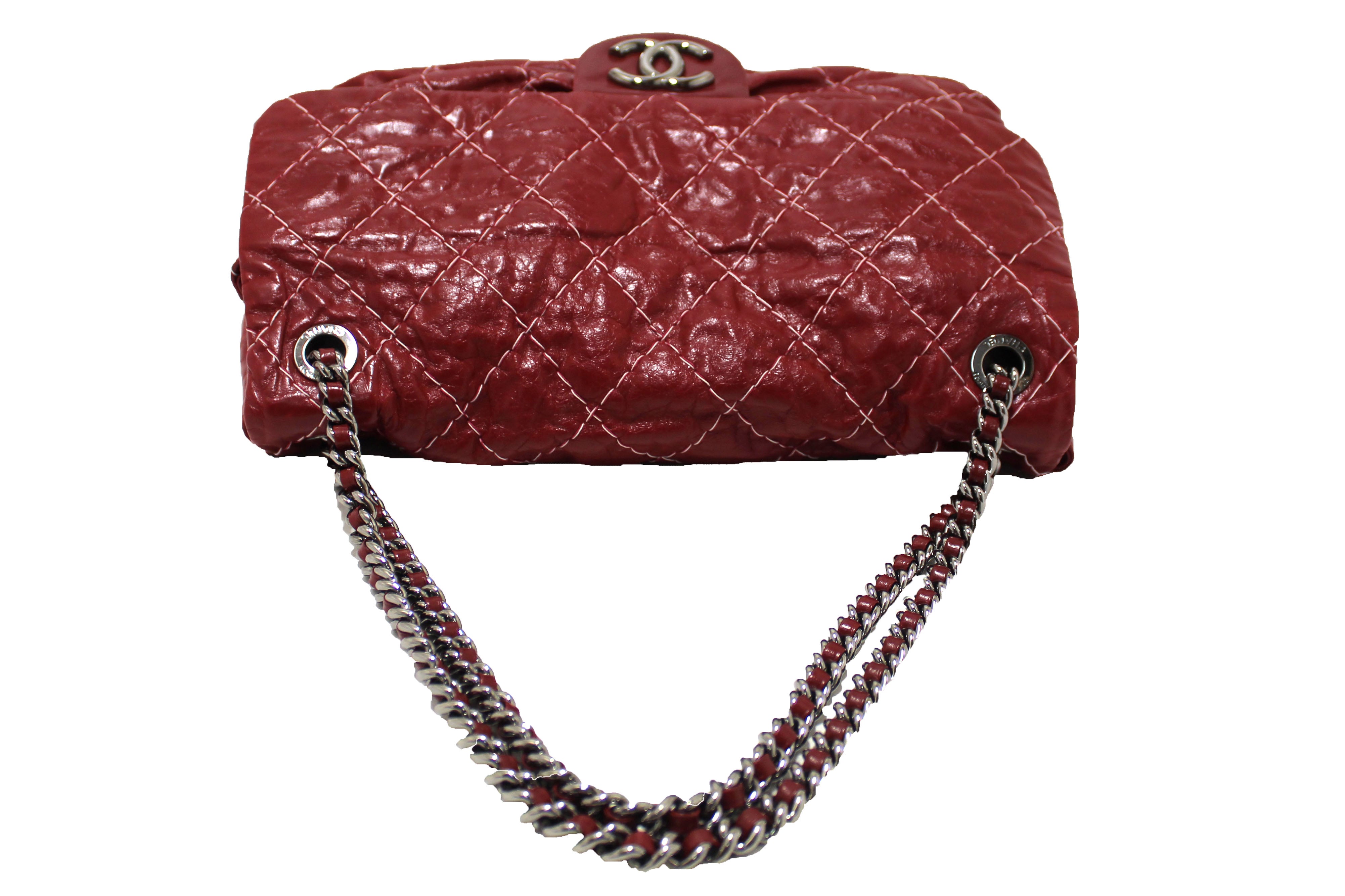 Authentic Chanel Stitch Dark Red Glazed Aged Calfskin Leather Maxi Single Flap Bag