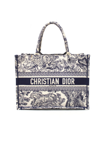 Authentic Christian Dior Blue Toile de Jouy Embroidery Medium Dior Book Tote