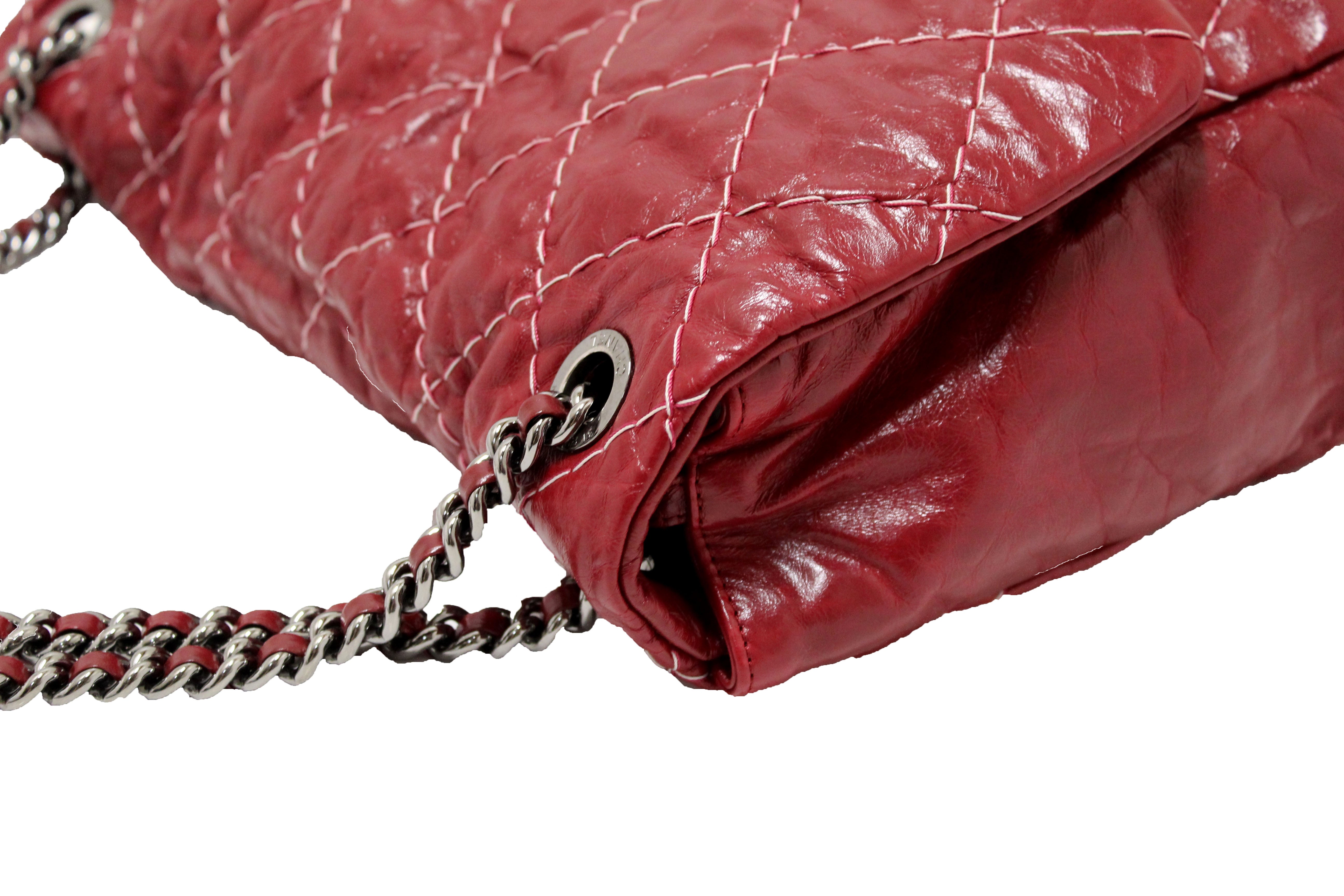 Authentic Chanel Stitch Dark Red Glazed Aged Calfskin Leather Maxi Single Flap Bag