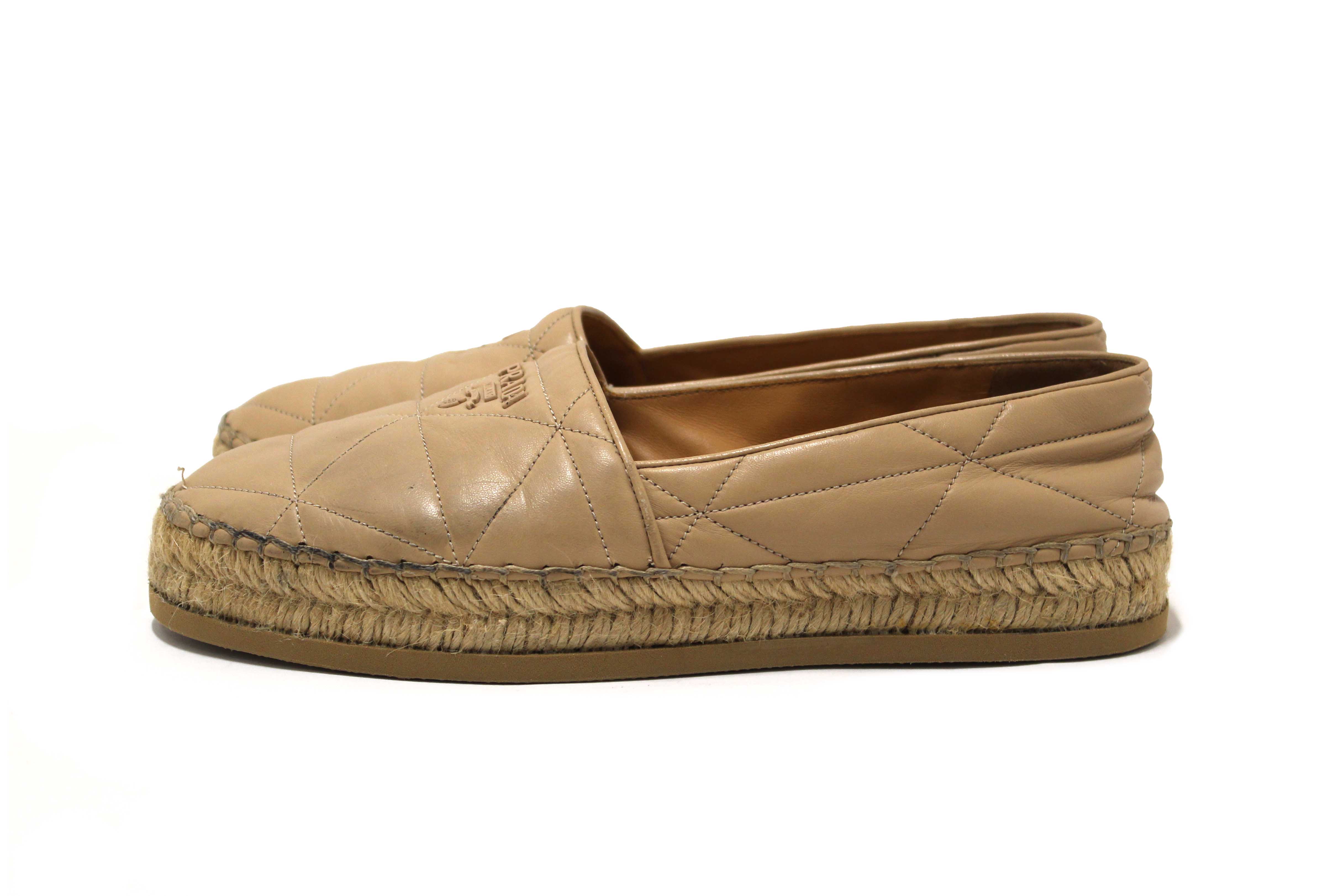 Authentic Prada Camel Nappa Leather Espadrilles Shoes Size 37.5